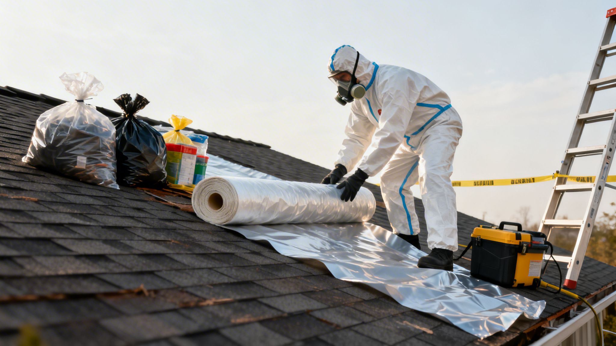 En person i beskyttelsesdragt ruller et sølvfolie ud på et tag, sandsynligvis i forbindelse med asbestfjernelse.