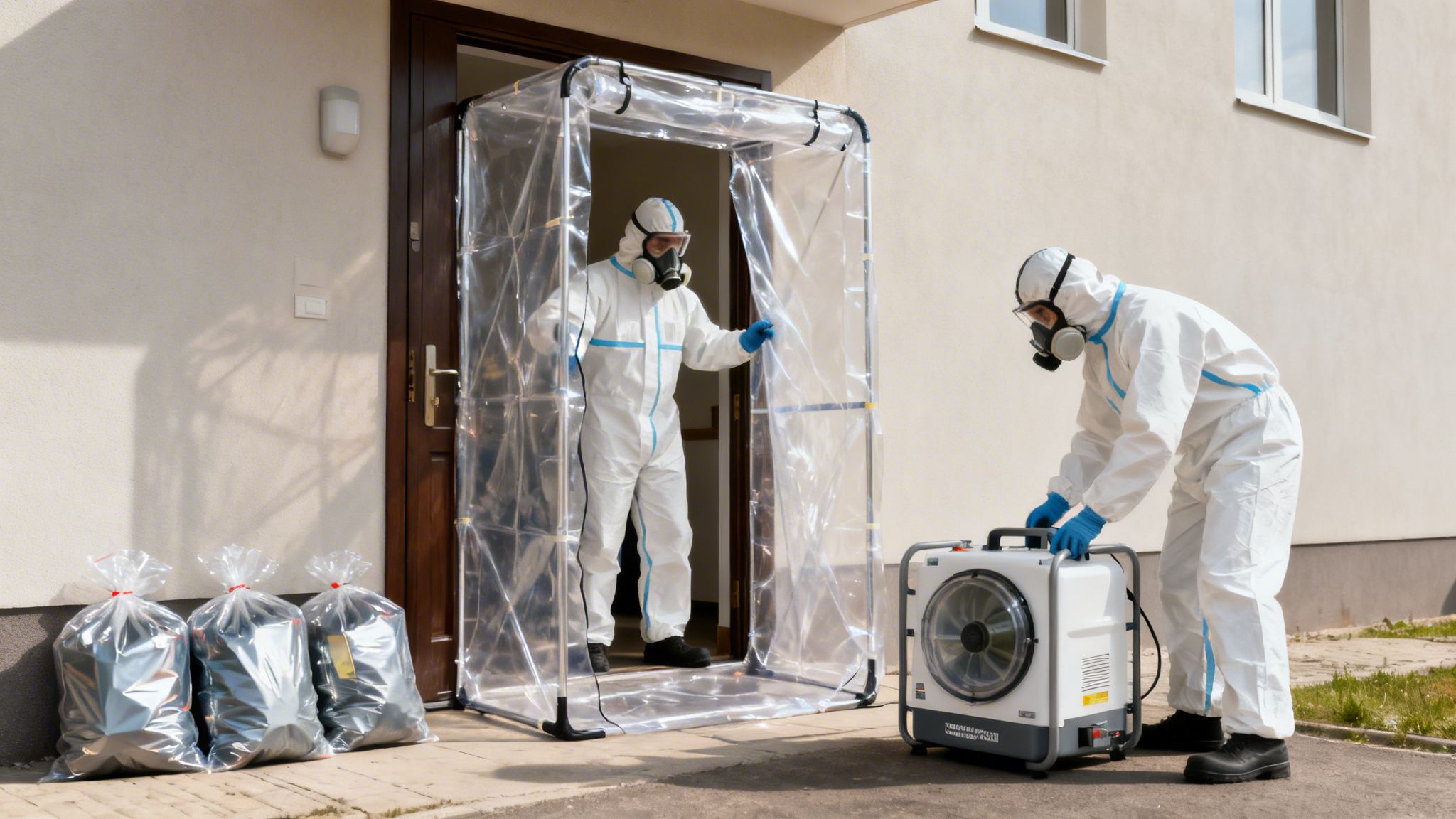 To arbejdere i beskyttelsesudstyr håndterer asbestisolering udendørs.