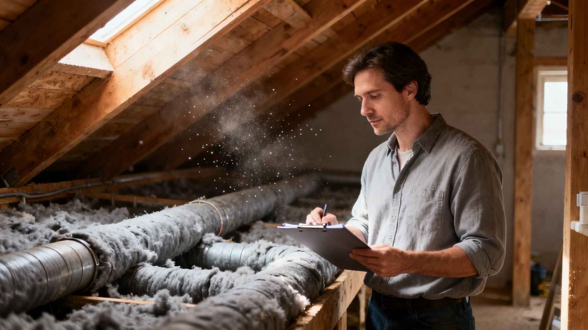 En mand inspicerer isolering og rør i et støvet loftrum med dagslys fra et ovenlysvindue.