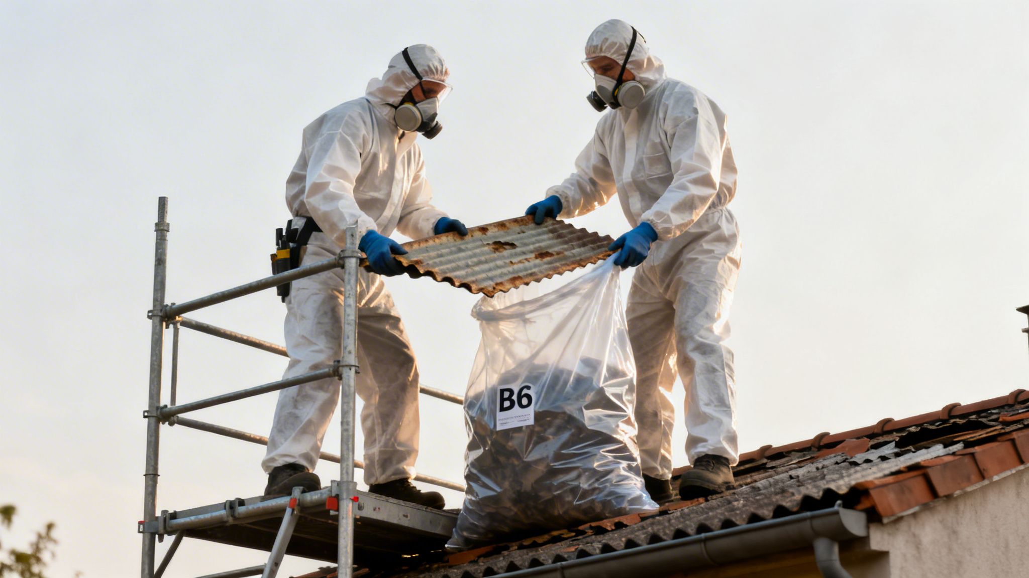 To arbejdere i beskyttelsesdragter og masker fjerner eternittagplader fra et tag under sanering.