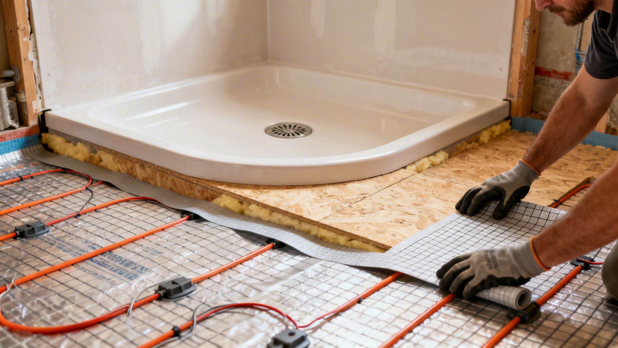 En mand installerer gulvvarme i et badeværelse. Varmeslanger lægges under et net ved siden af en brusebund.