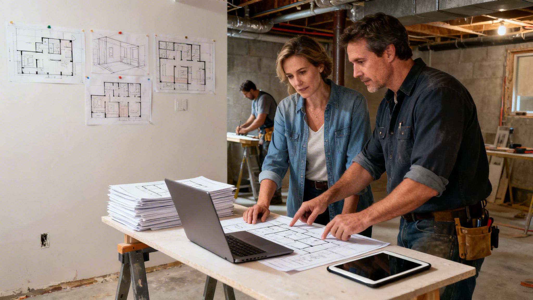 To arkitekter eller entreprenører diskuterer byggeplaner og tegninger for en kælderrenovering.