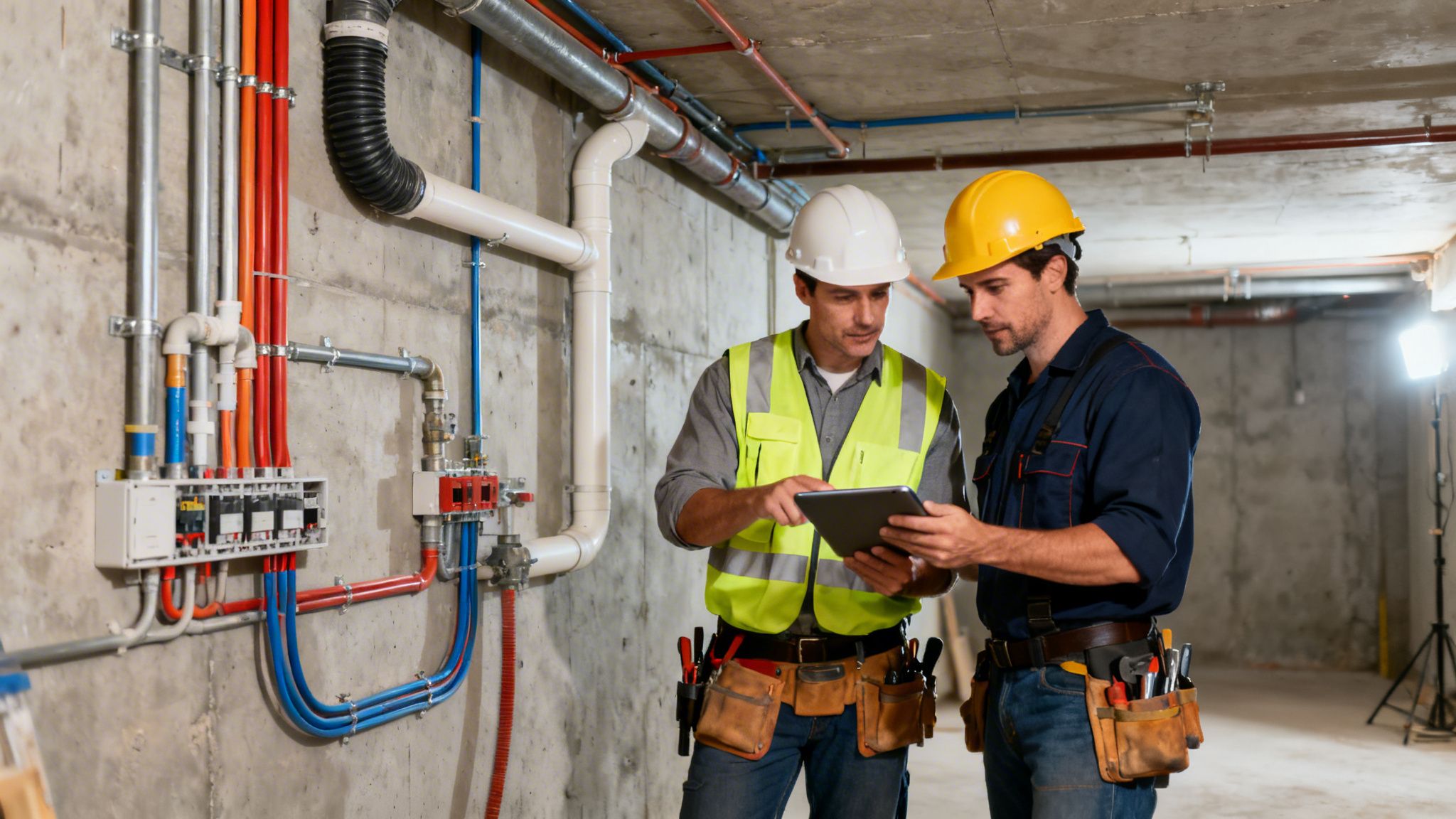 To bygningsarbejdere i sikkerhedshjelme kigger på en tablet ved siden af rør og elektriske installationer på en betonvæg.