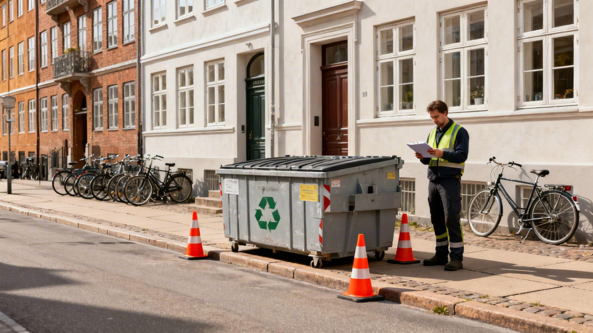 Billede af en container til byggeaffald på gaden med advarselsvimpler.