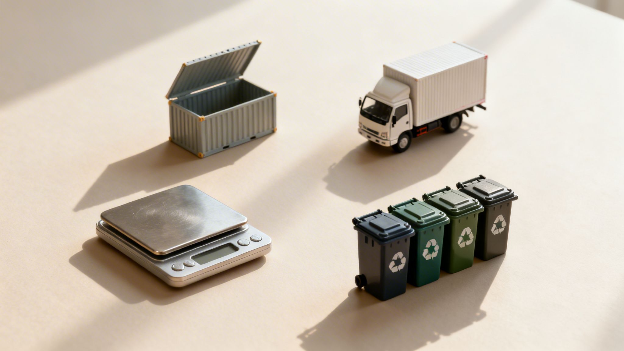 En miniature lastbil, åben container, digital vægt og genbrugsspande, symboliserer affaldshåndtering og genanvendelse.