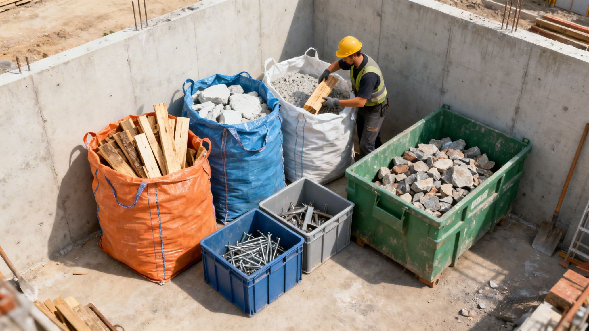 En bygningsarbejder sorterer byggeaffald i store sække og kasser på en solrig byggeplads. Træ, beton og metal adskilles til genbrug.