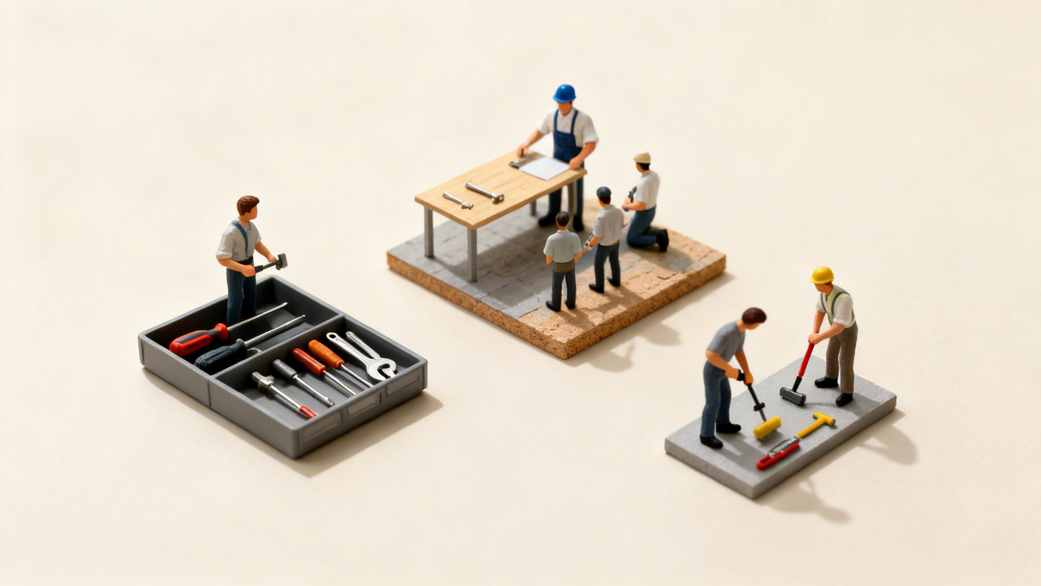 Miniature bygningsarbejdere arbejder med værktøj og byggeprojekter på en lys baggrund.