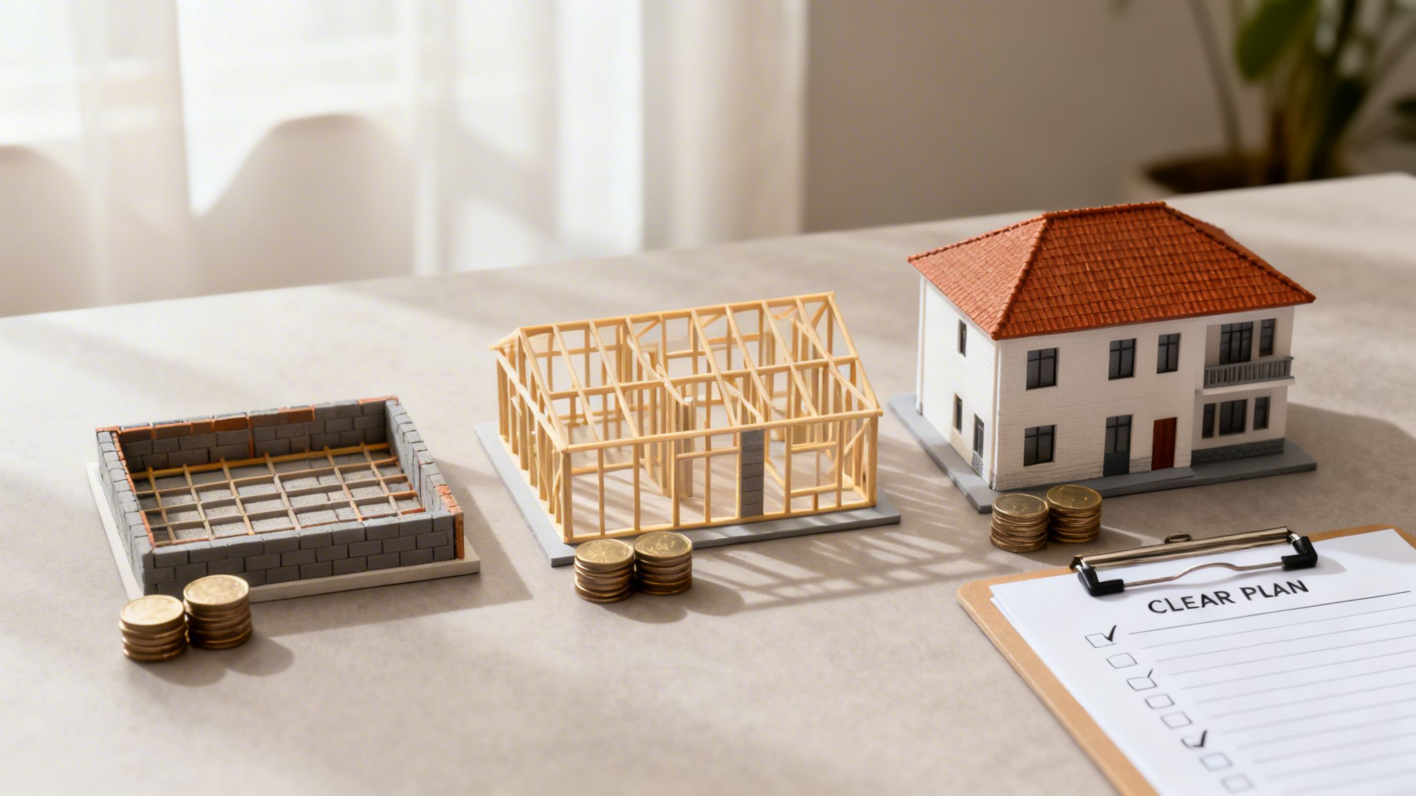 Tre detaljerede modeller af et husbyggeri i forskellige stadier, med mønter og en klar plan tjekliste.