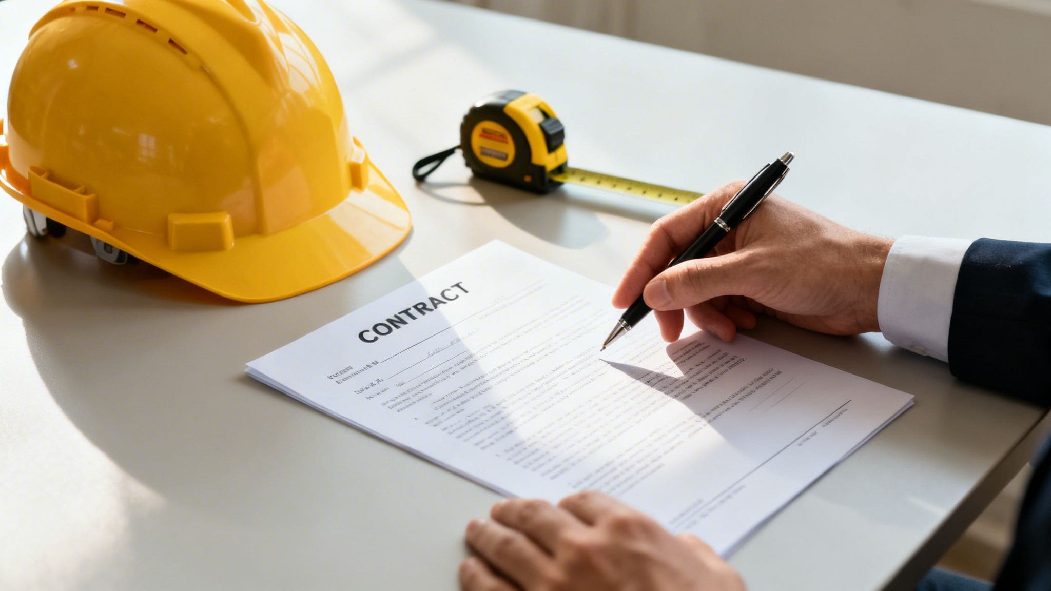 Person, der underskriver kontrakt med bygningshjælpemidler på bordet.