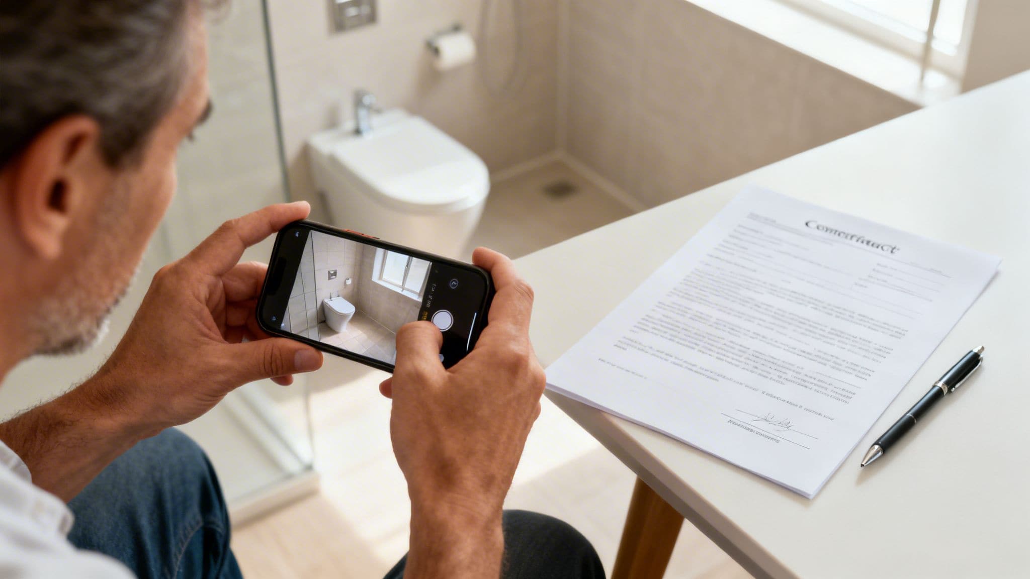 En mand tager et billede af et moderne badeværelse med sin smartphone, mens en kontrakt og pen ligger på bordet.