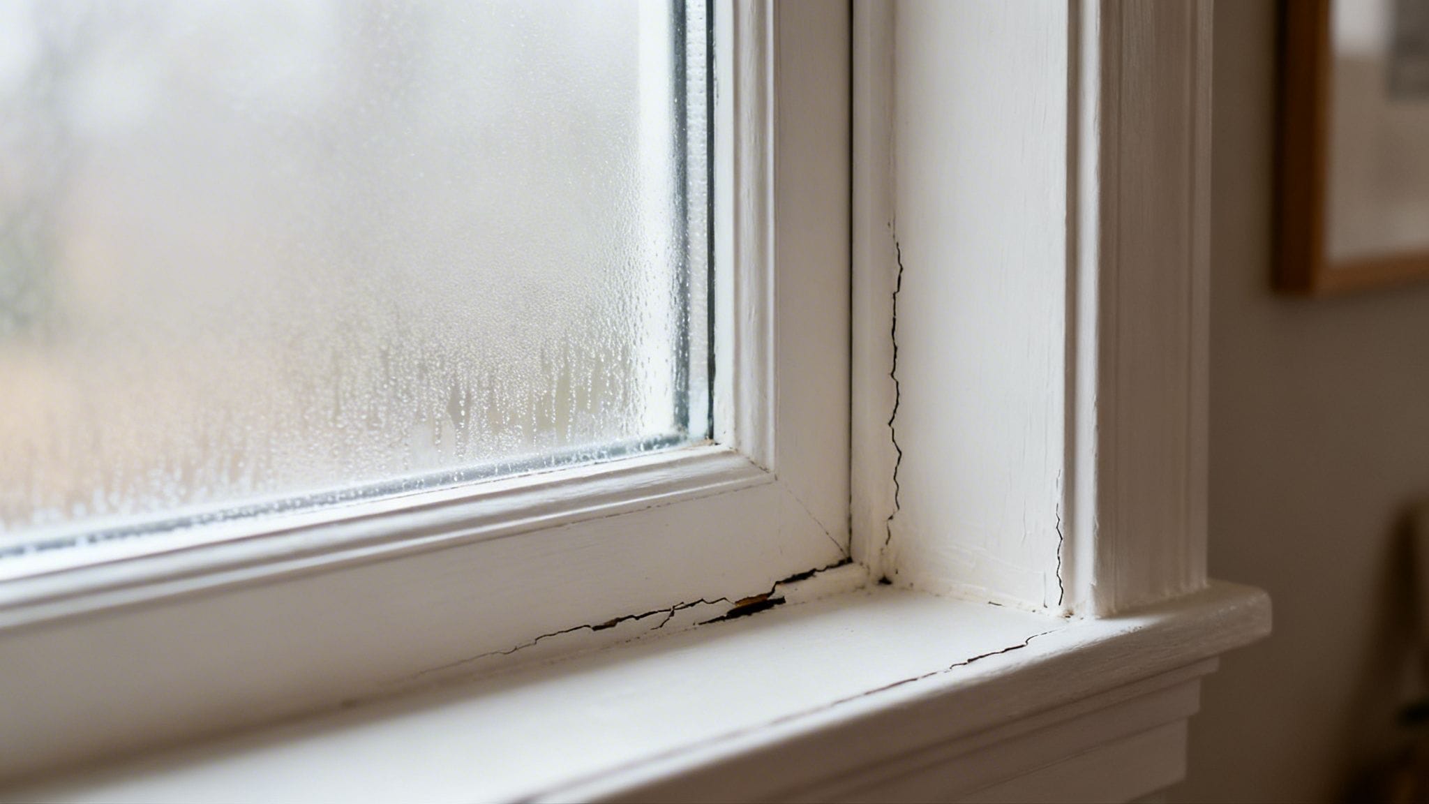 Et vindue med kondens, revnet maling og sprækker i vægrammen, der indikerer fugt- eller bygningsproblemer.
