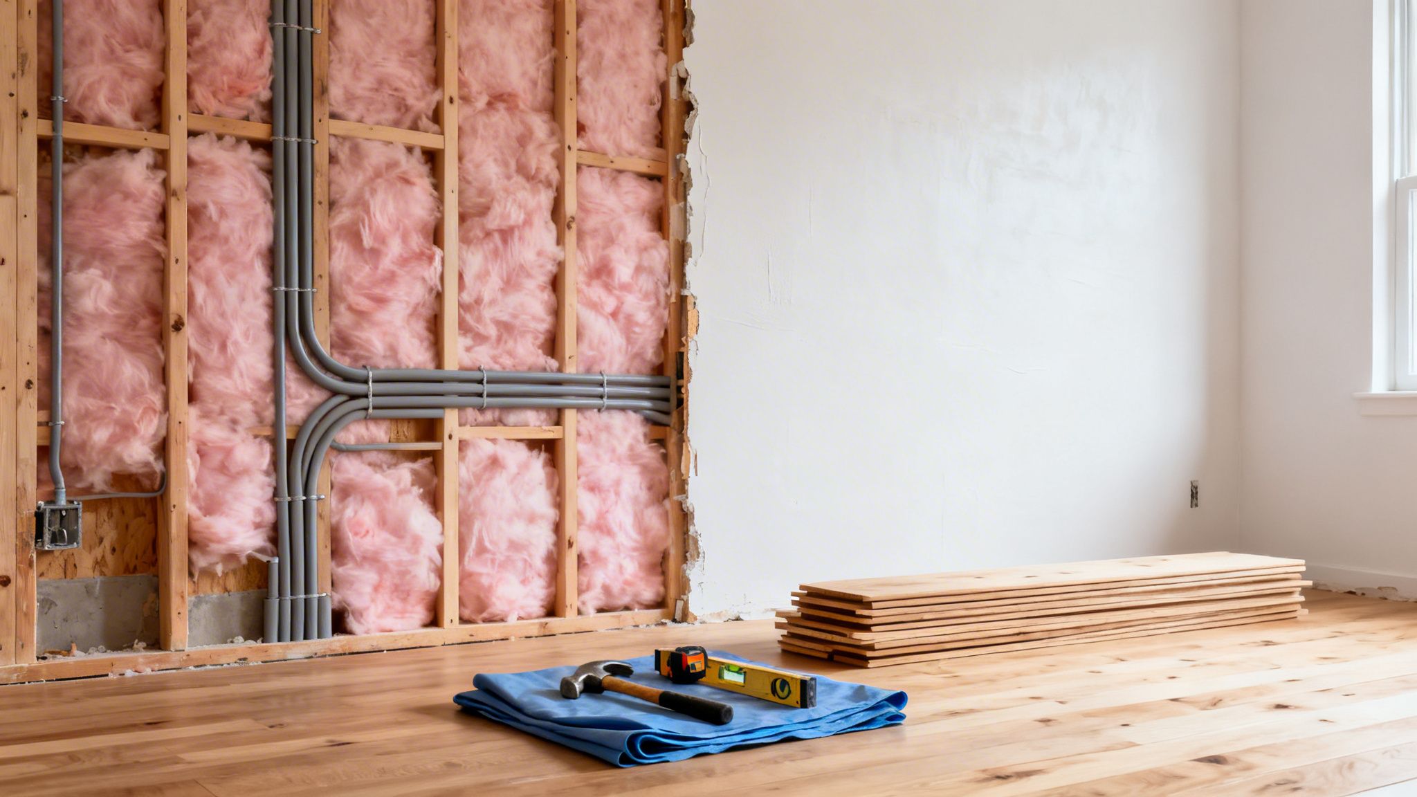 Et rum under renovering med en åben væg, isolering, kabler, trægulv og byggematerialer.