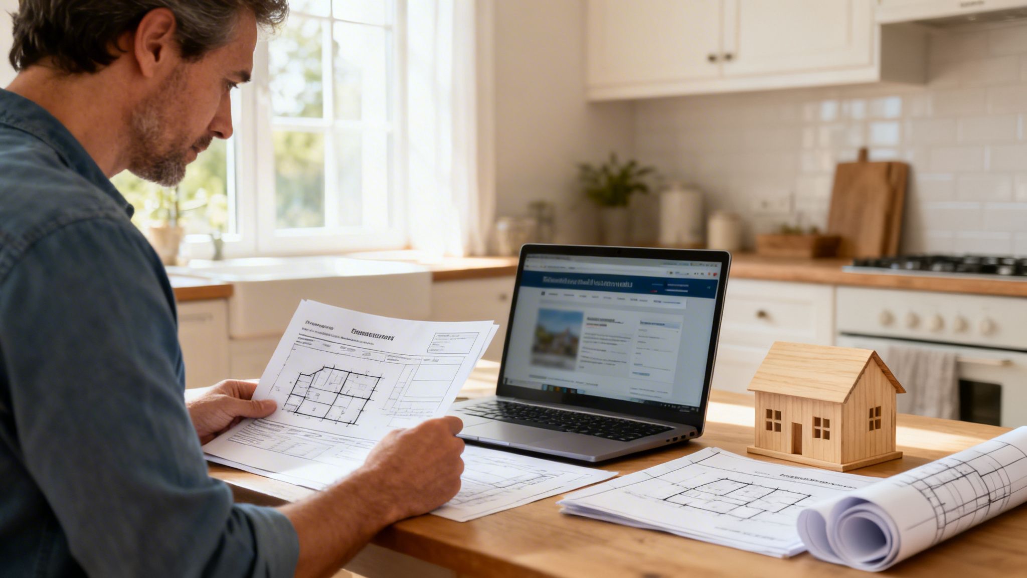 En mand sidder ved et køkkenbord og studerer byggeplaner, med en laptop og en husmodel foran sig.