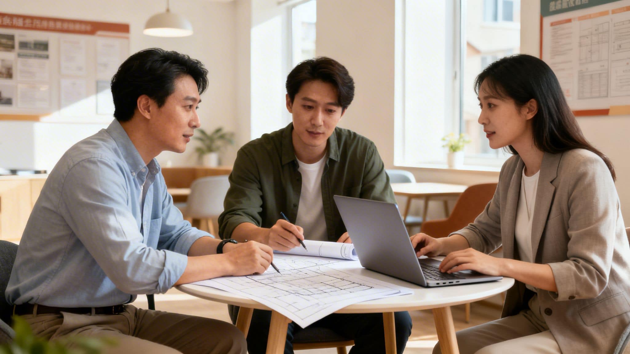 Tre personer diskuterer udskiftning af faldstamme med planskit på et mødelokale.