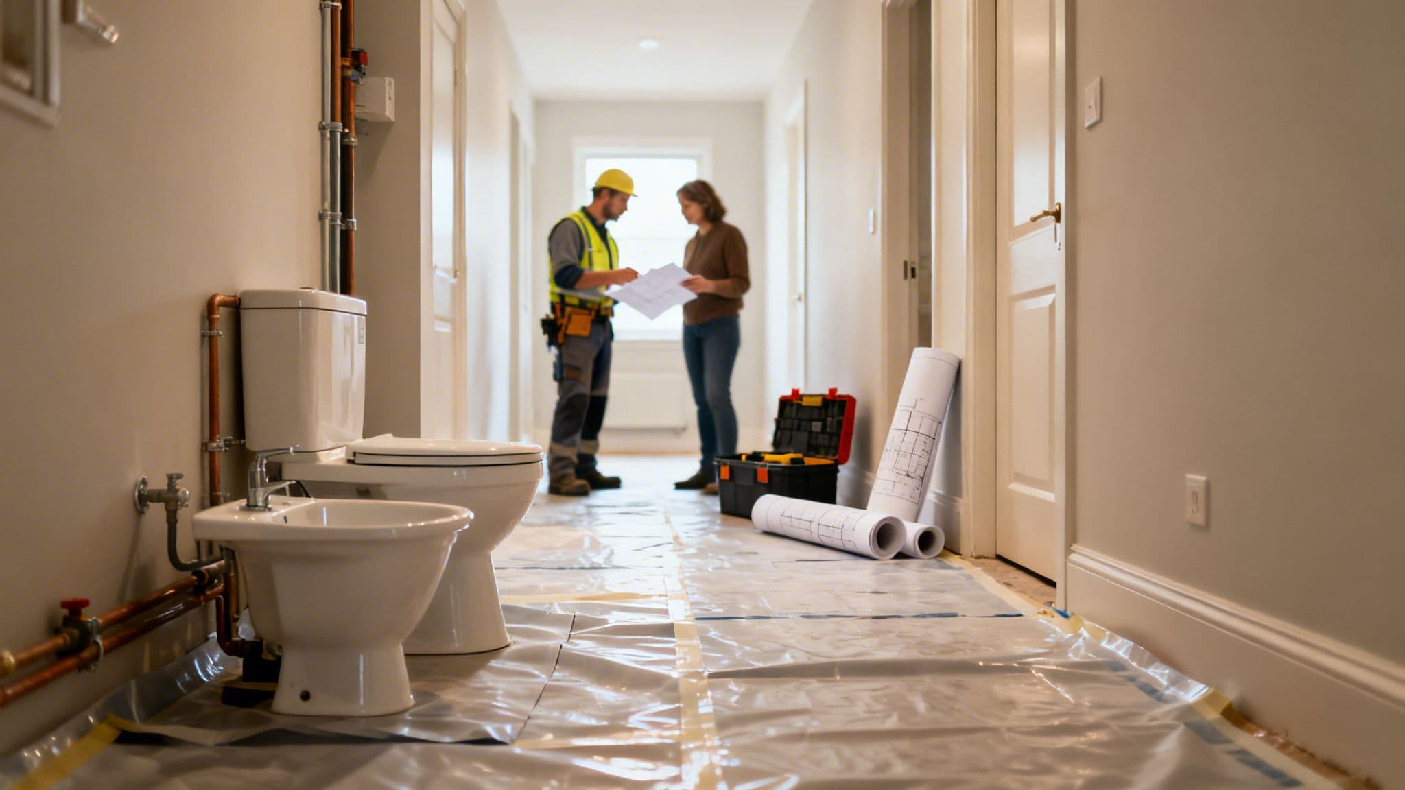 Billede af fagfolk, der planlægger udskiftning af faldstamme i et boligkompleks.