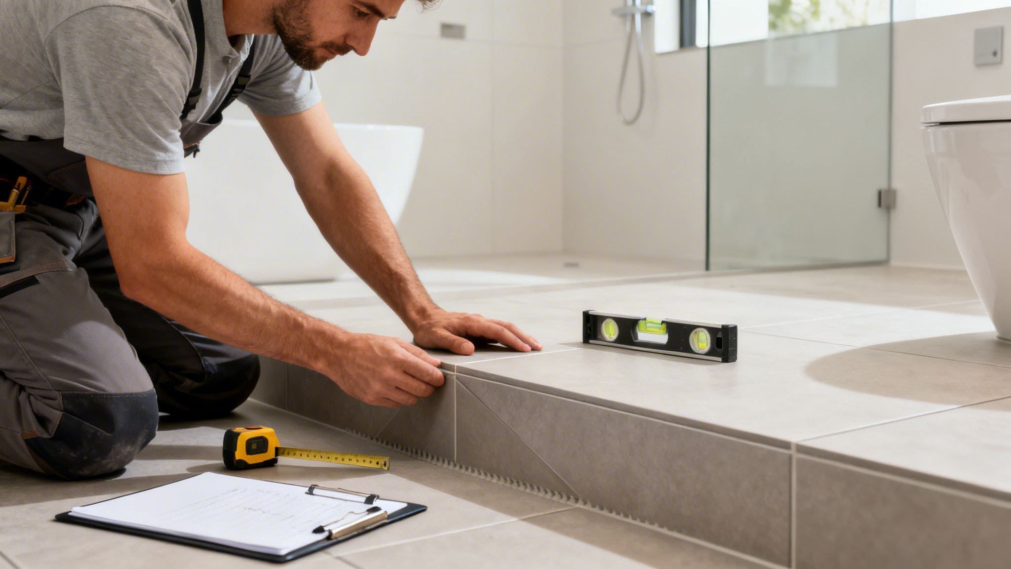 En håndværker knæler i et moderne badeværelse og kontrollerer niveauet af grå fliser med et vaterpas.