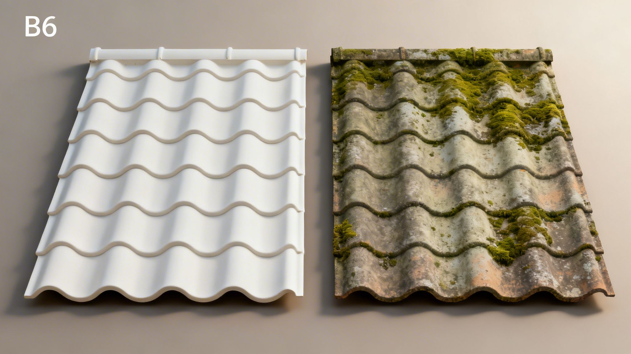 To B6 eternit tagplader, den ene ny og hvid, den anden gammel med mos.