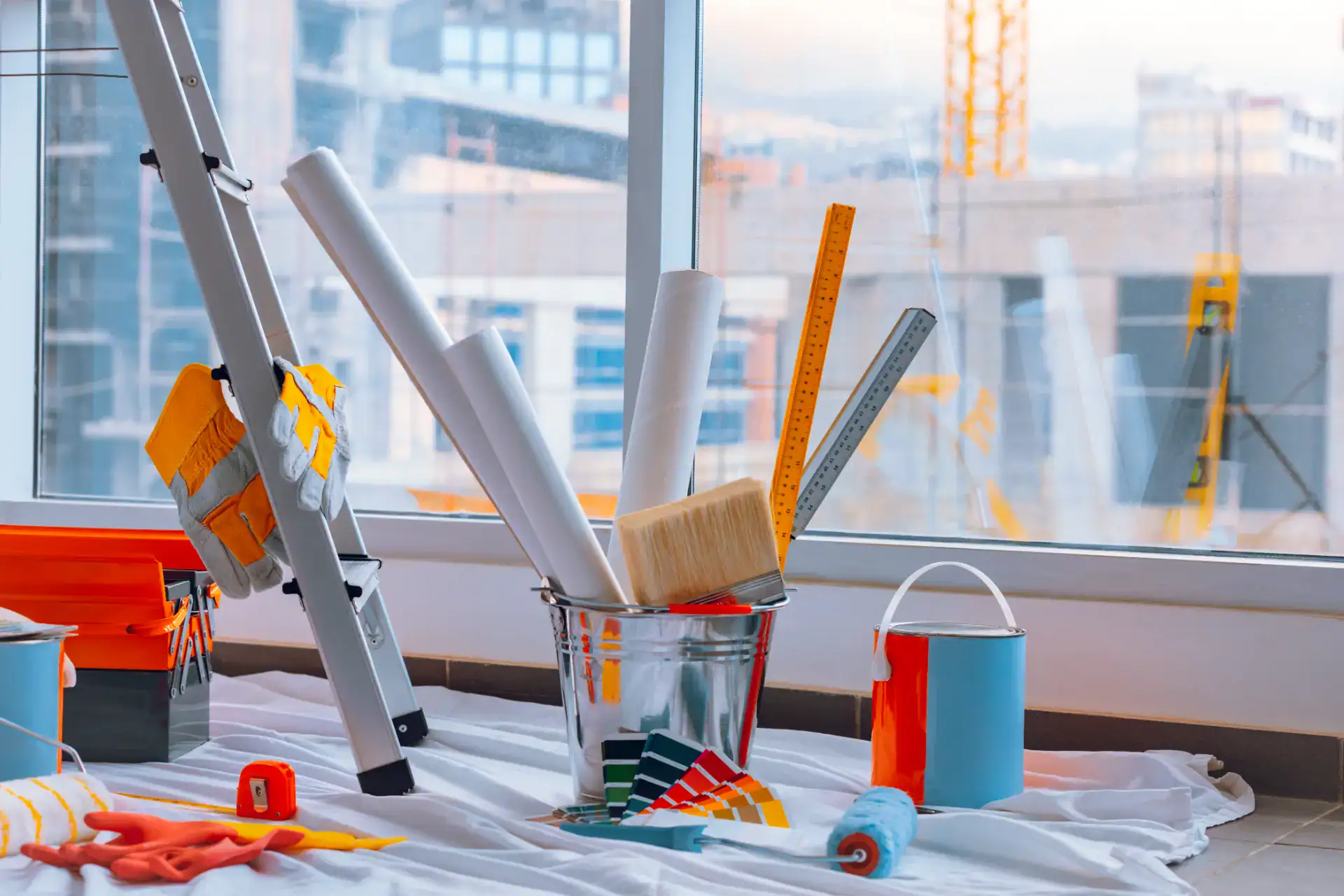 Byggeplads med værktøj, målebånd, og byggematerialer ved vindue.