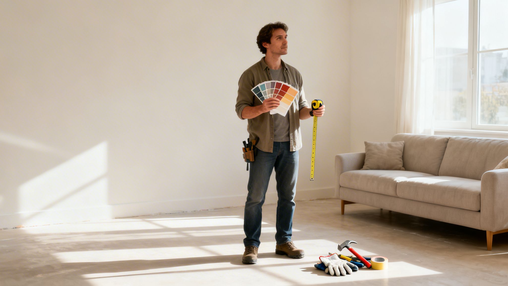 Mand holder farveprøver og målebånd, planlægger renovering i et tomt rum med en sofa.