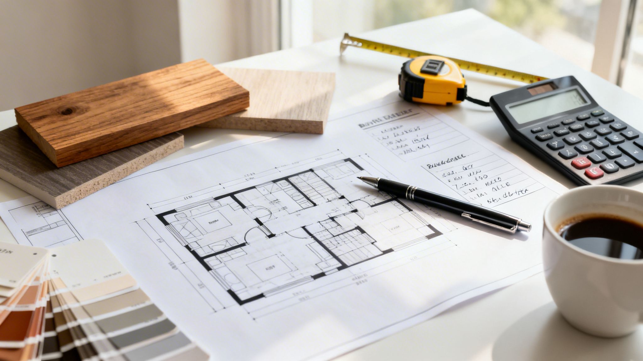 Et skrivebord med plantegning, træprøver, farveprøver, målebånd, lommeregner og kaffe for husrenovering.