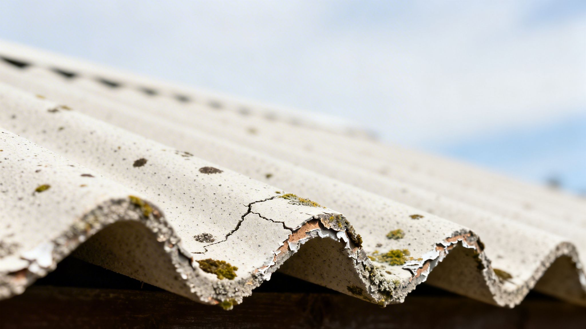 Tag med alger og skader, der kan indeholde asbest i ældre bygninger.