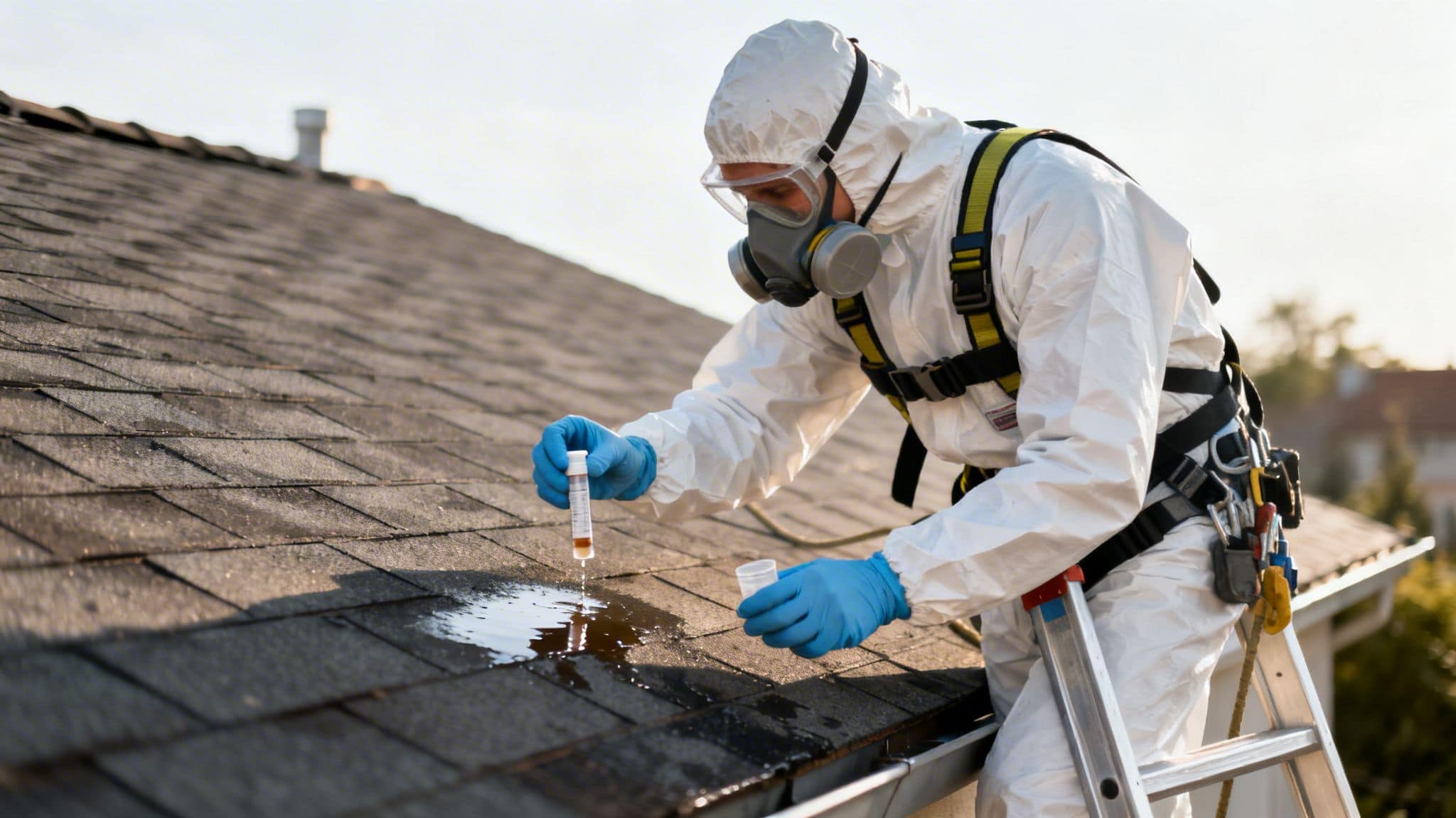 Tømrer tester tag for asbest med specialudstyr og beskyttelsesudstyr.