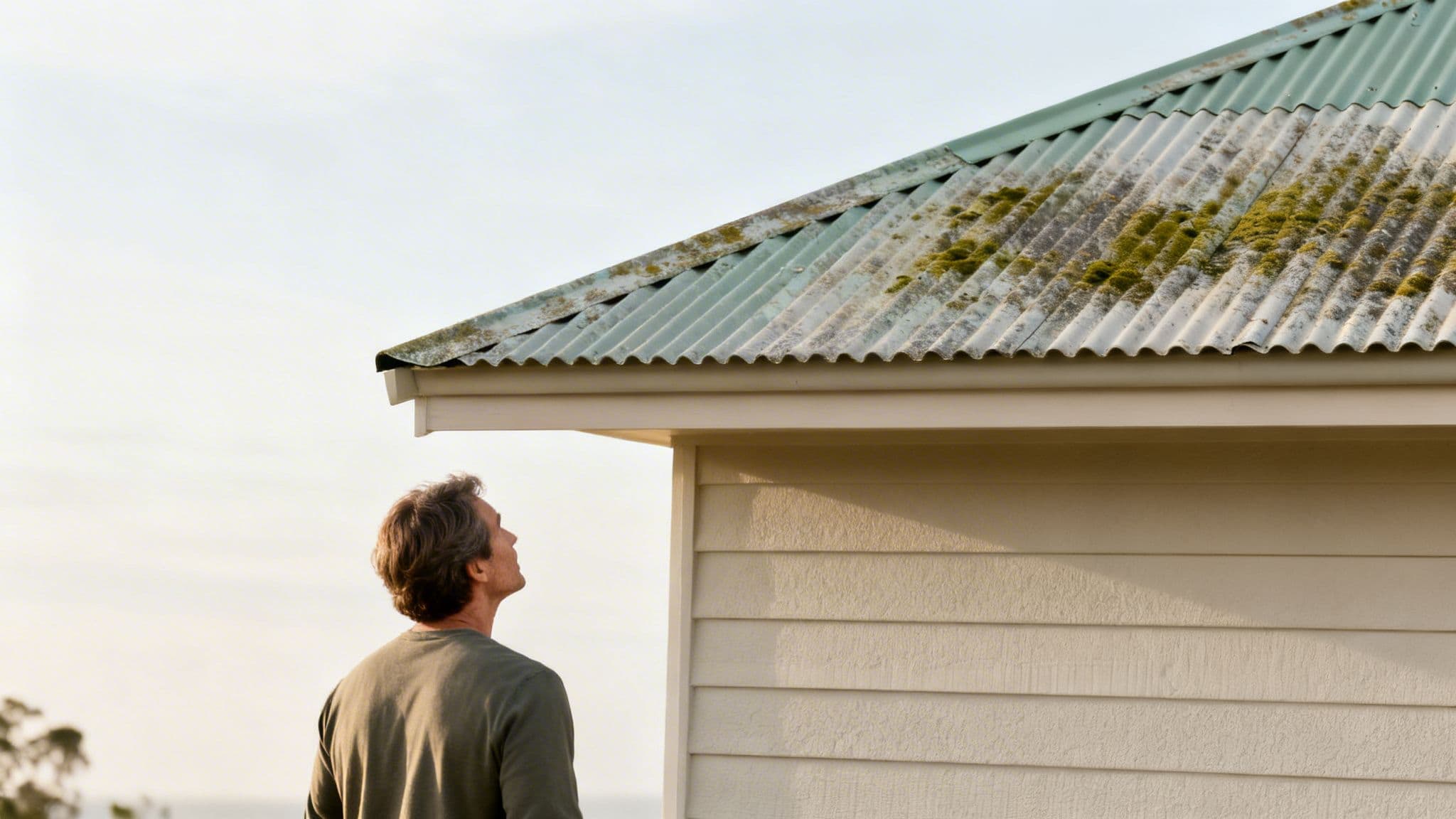 Mand undersøger sit tag for skader og asbestfare.