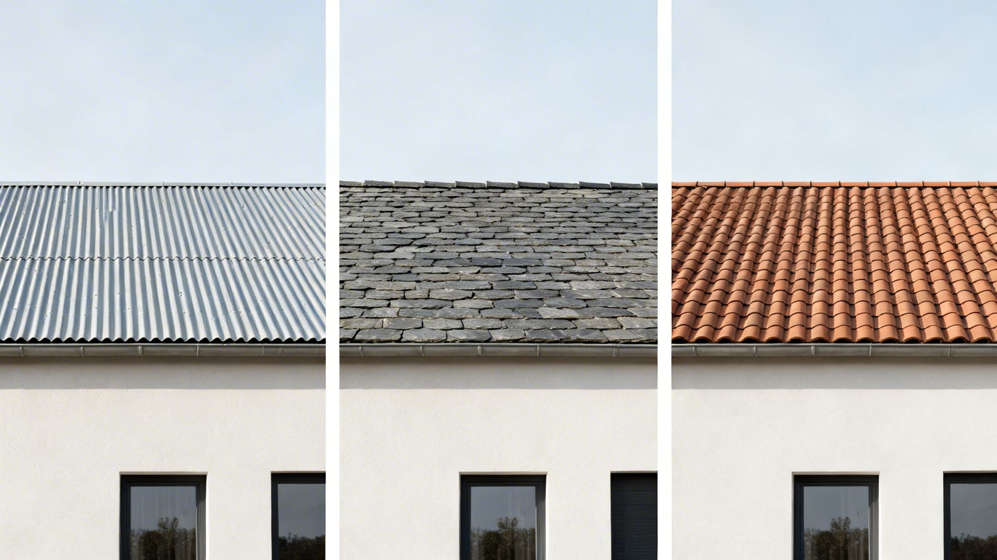 Billede af tre forskellige tagtyper: metal, skifer og terrakotta.