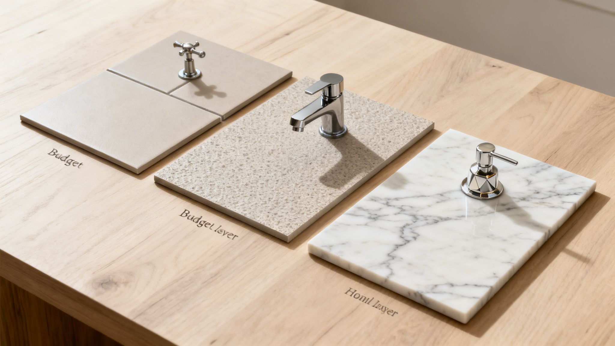 Tre badeværelsesdesignmuligheder med forskellige fliser, armaturer og sæbedispenser, der viser valgmuligheder fra budget til luksus.