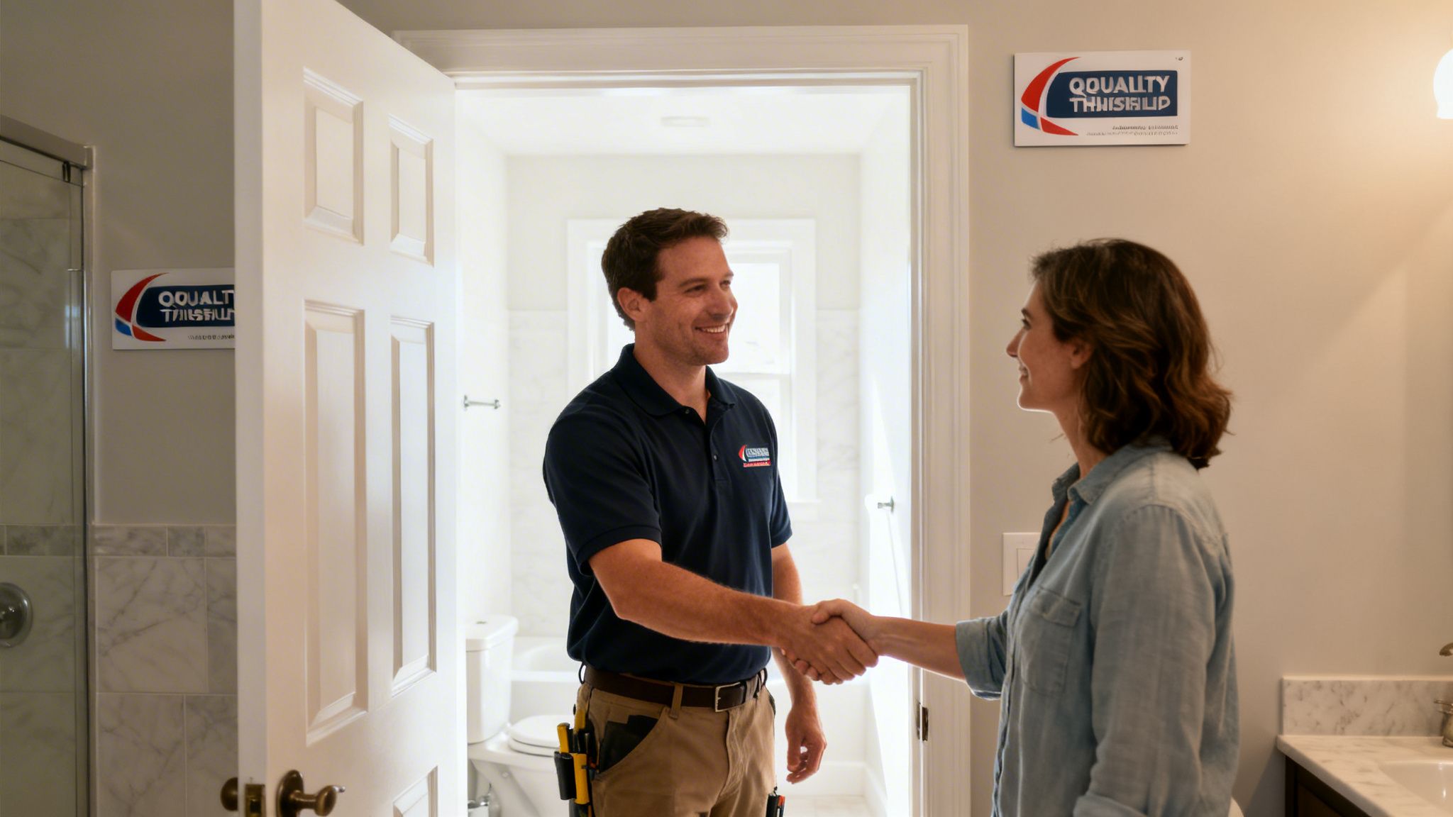 En smilende tekniker giver hånd til en kvinde i et nyrenoveret badeværelse.