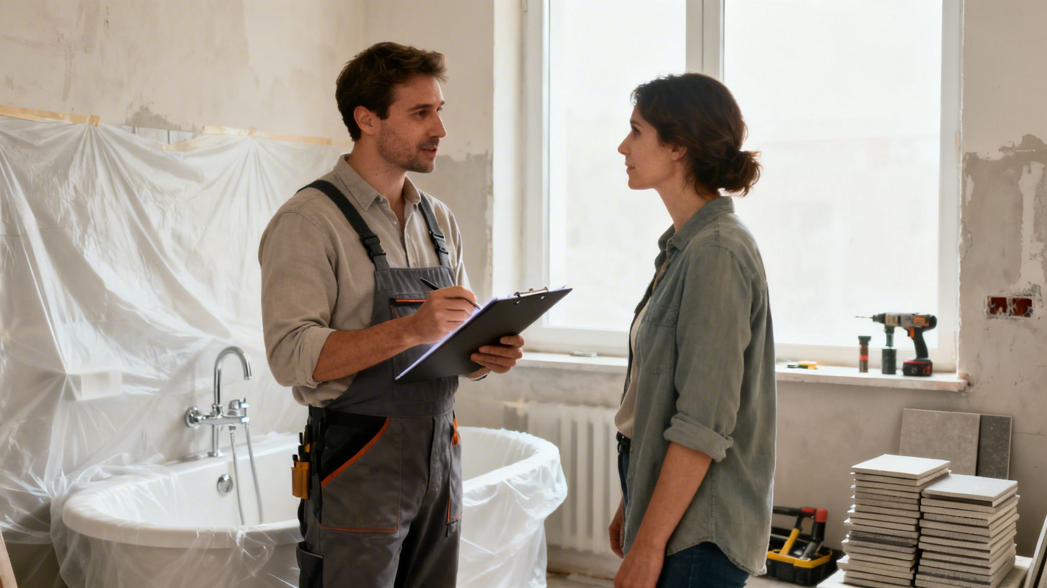 En mandlig entreprenør taler med en kvindelig kunde om planerne for renovering af et badeværelse.