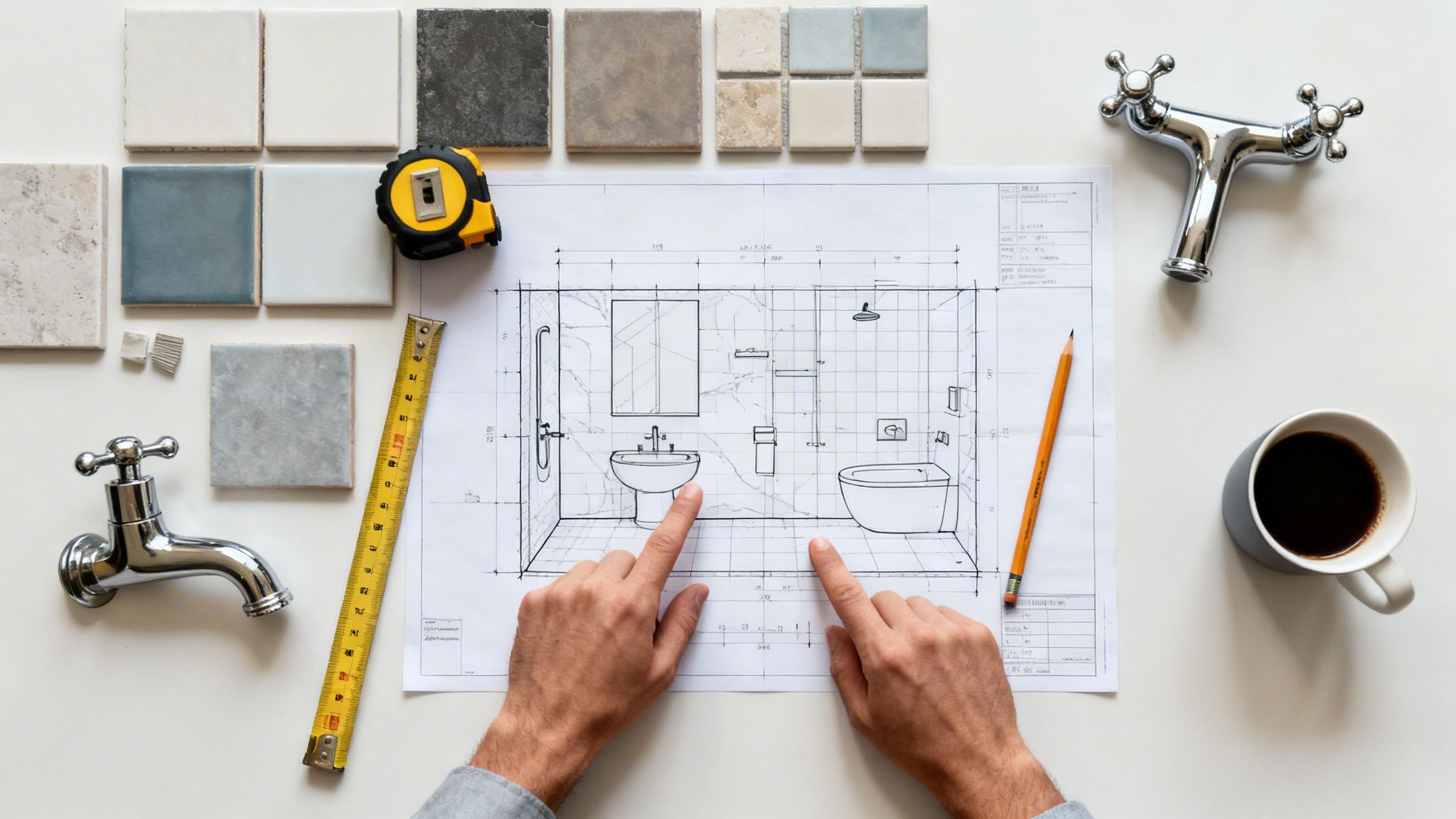 En oversigt over et badeværelsesdesign med fliser, armaturer, målebånd og en tegning, hvor hænder peger på planen.