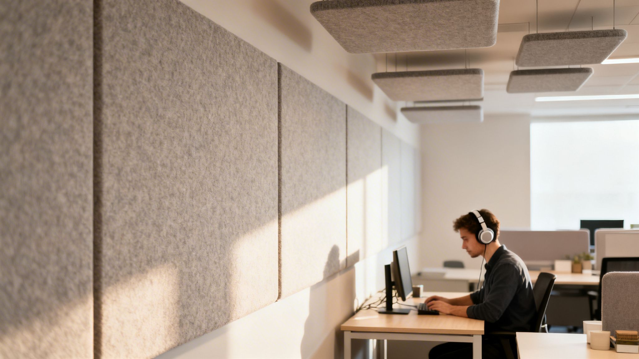 Kontor med lydisolerede skillevægge og arbejdsstationer.
