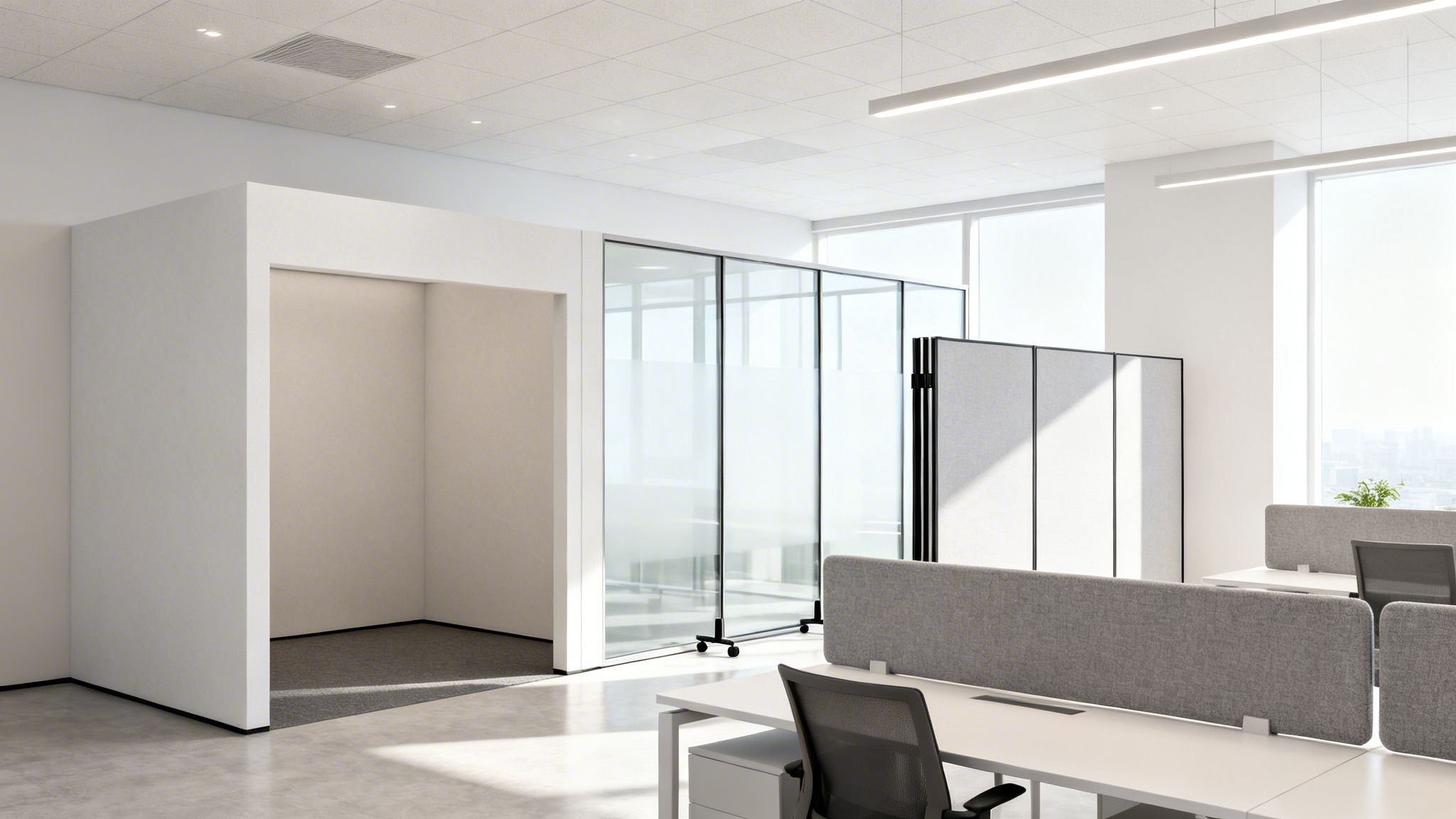 Modulopdelt skillevæg til kontor for bedre arbejdsmiljø.