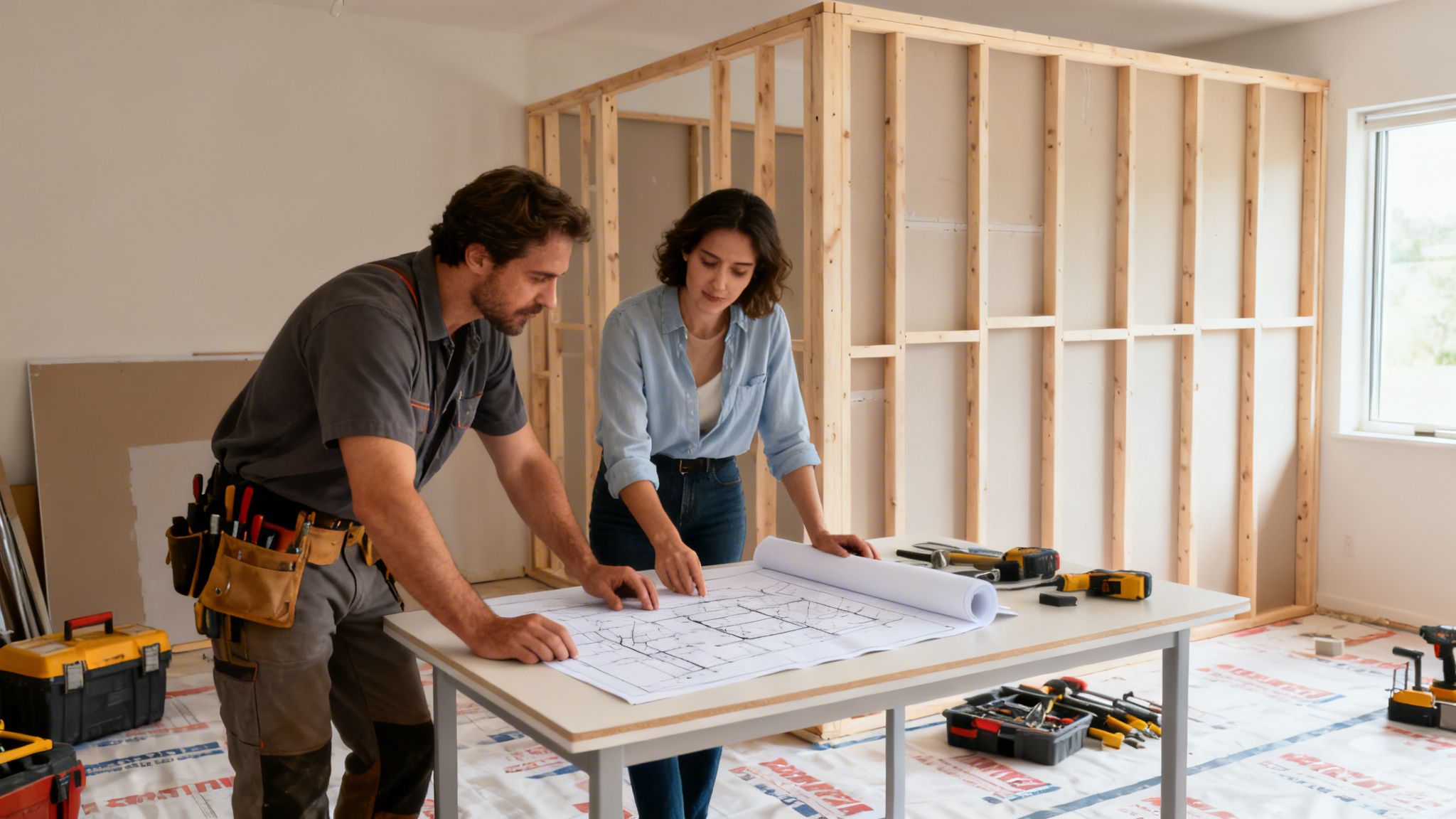 To personer gennemgår byggeplaner for en skillevæg i et kontorbyggeri.