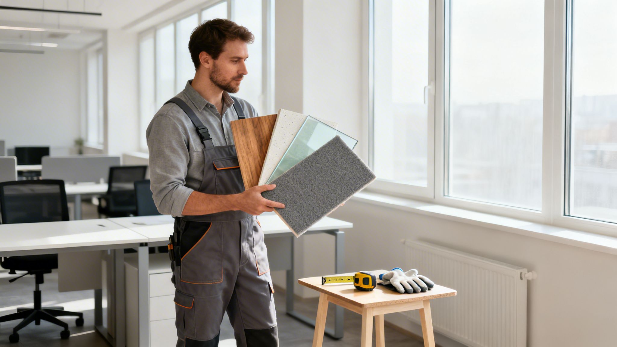 Mand i arbejdstøj holder materialeprøver (træ, sten, glas, tæppe) op i et kontor.