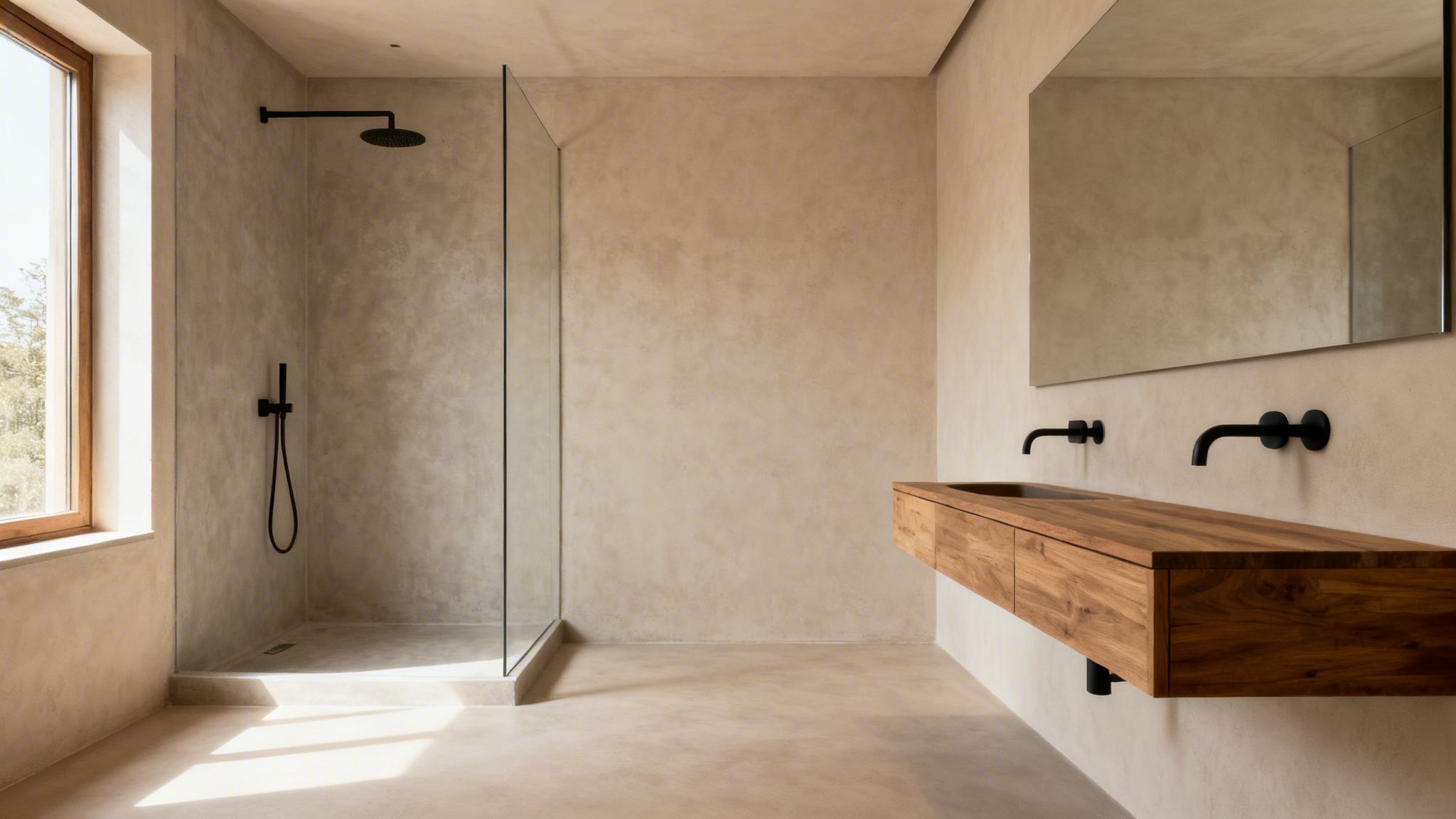 Minimalistisk badeværelse med pudsede vægge, walk-in bruser, trævask og sorte armaturer.