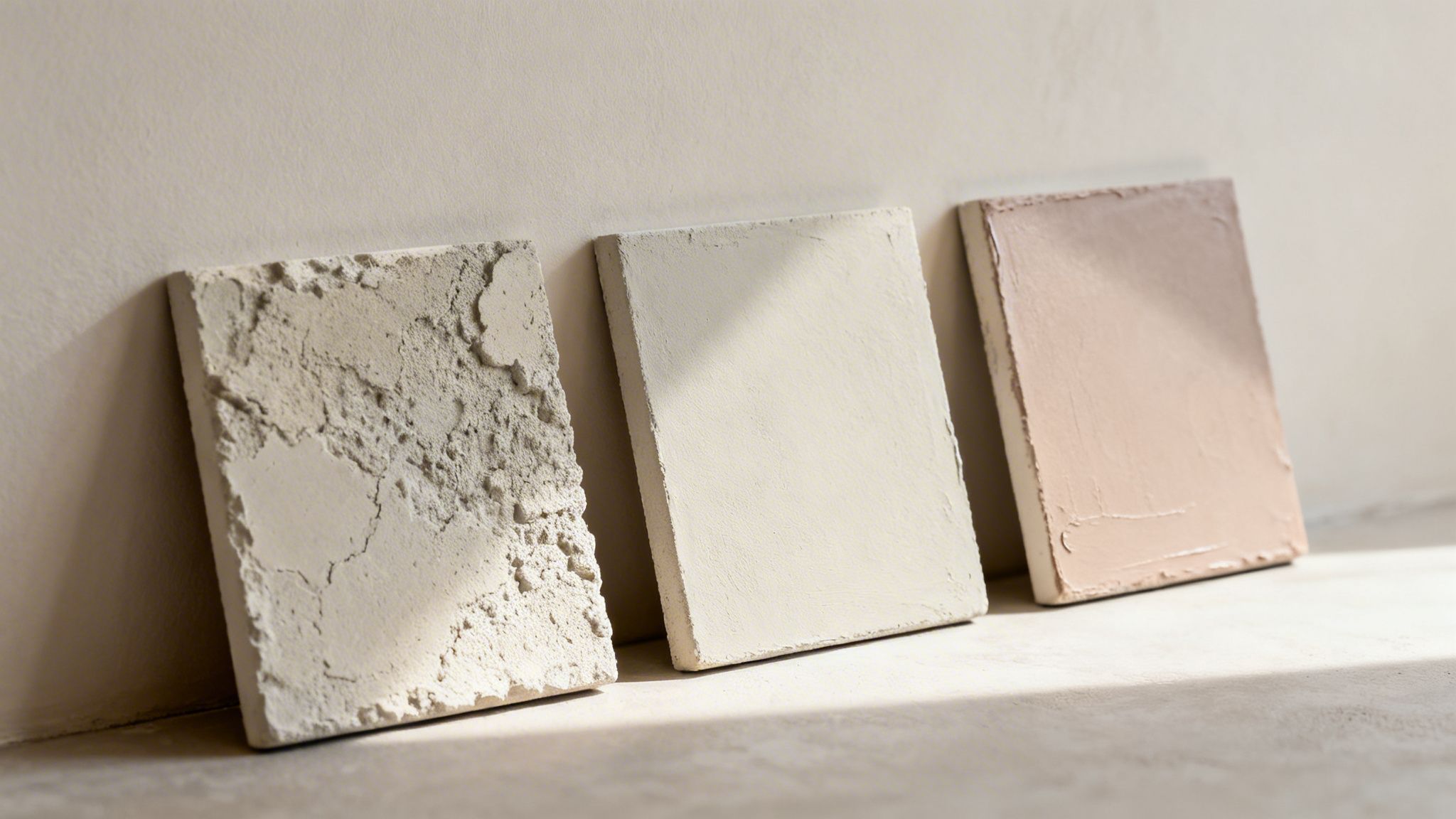 Tre pudsprøver med forskellige teksturer og farver, belyst af sollys og lænende mod en væg.