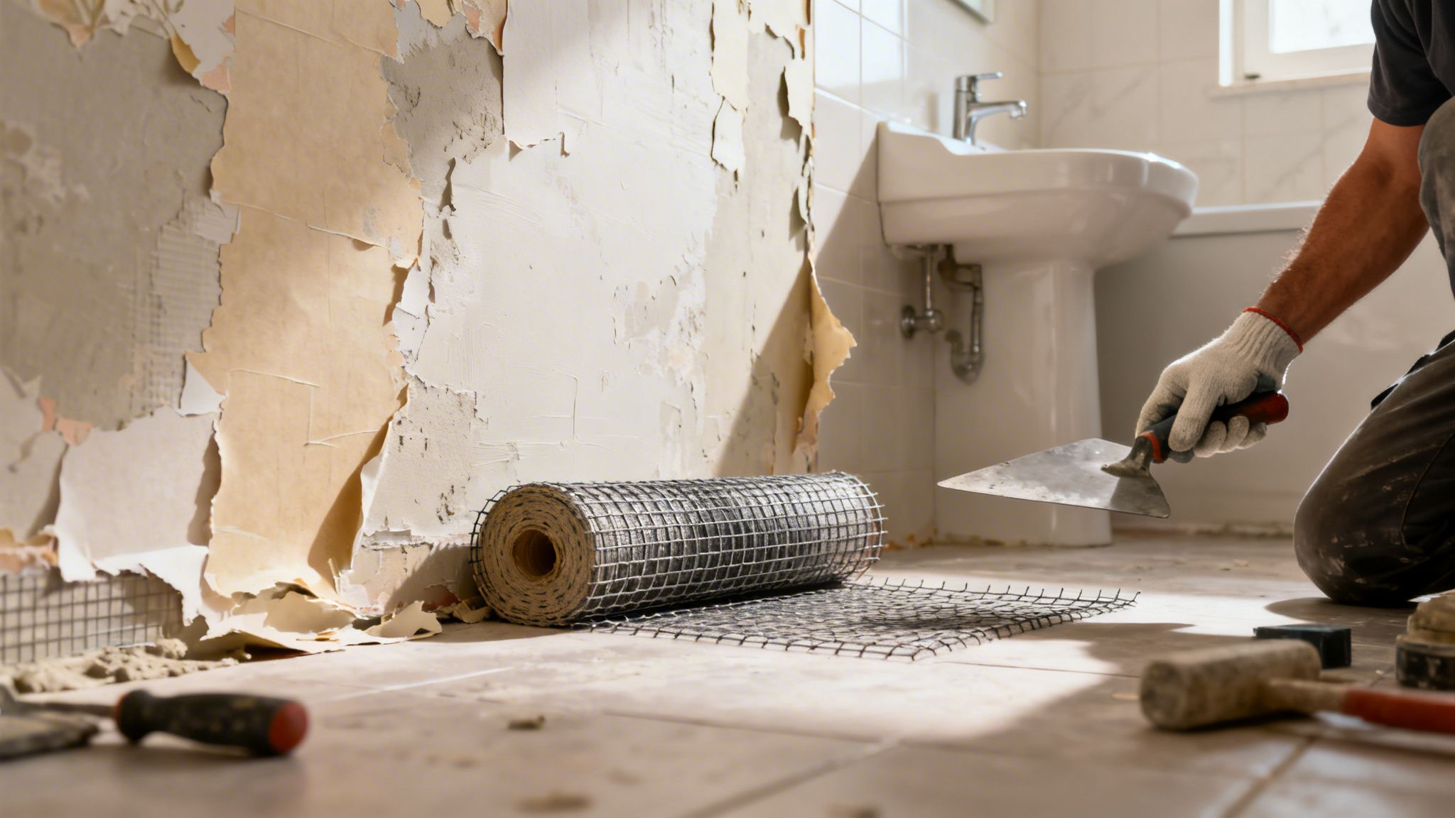 Renovering af badeværelse med afskallet væg, en håndværker med spartel og net til pudsning.