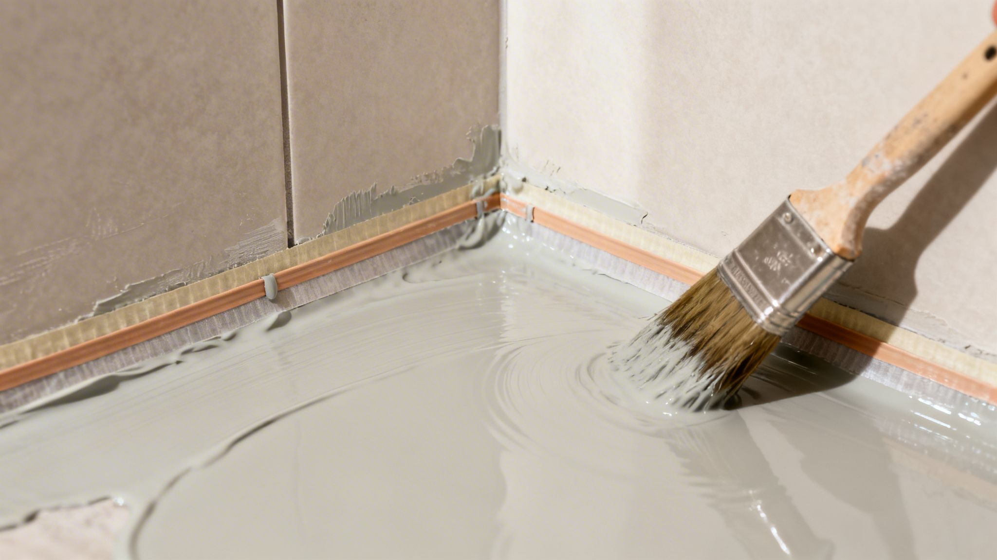 En pensel påfører flydende tætningsmiddel på et badeværelsesgulv langs vægge med fliser og tætningsbånd.