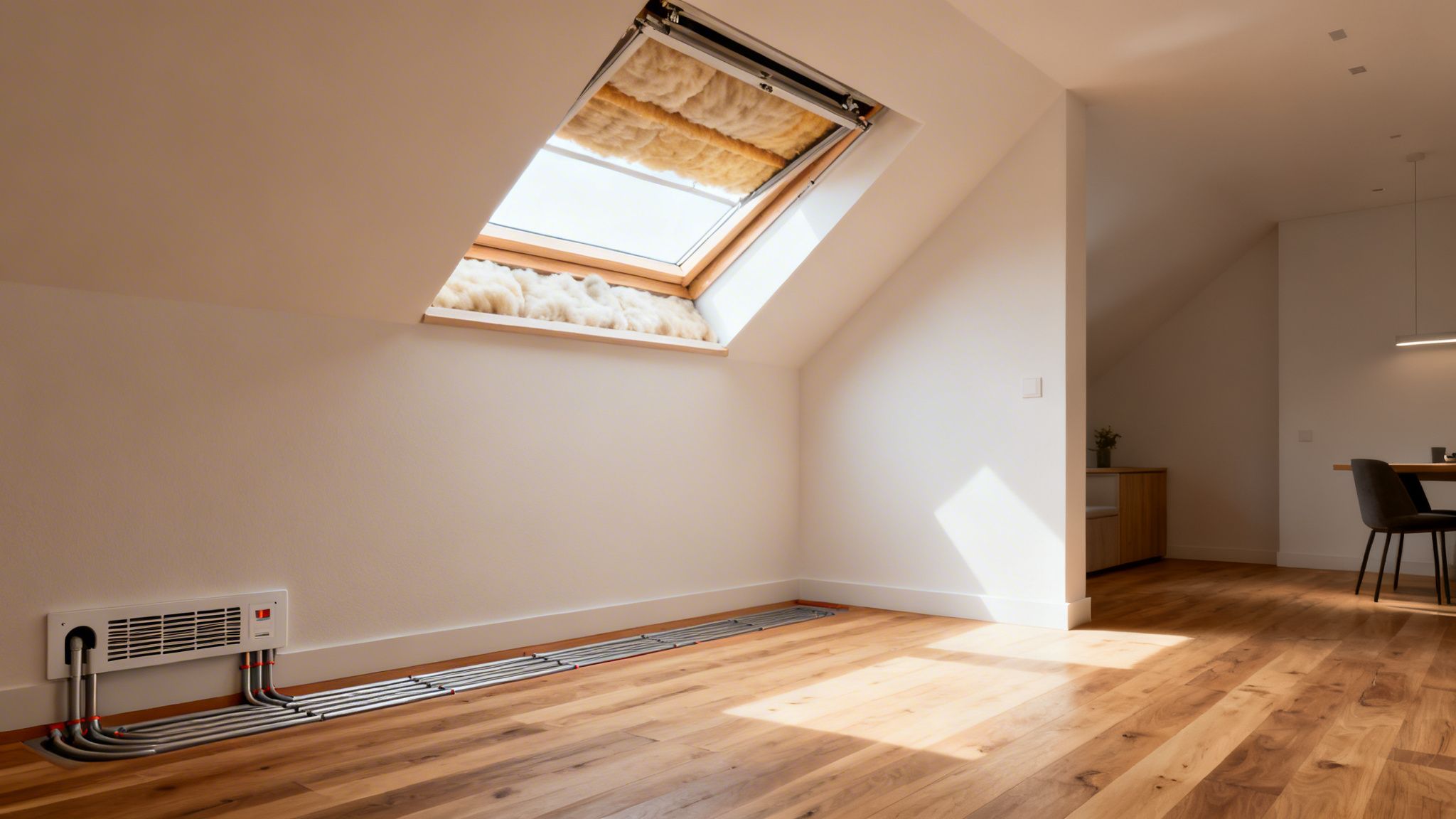 Lys og rummelig loftsrum under renovering med et åbent tagvindue, væghængt varmelegeme og synlige rør på trægulvet.