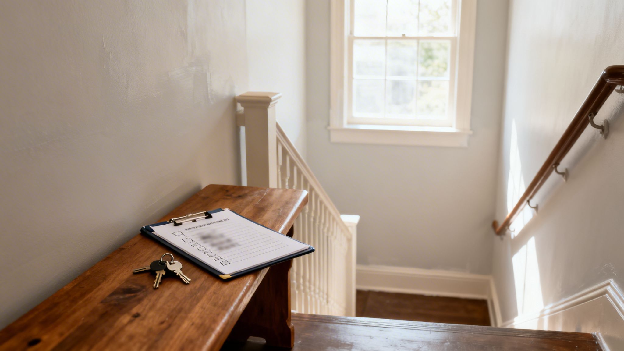 En træbænk på en trappe med en renoveringstjekliste og nøgler, der symboliserer indflytning.