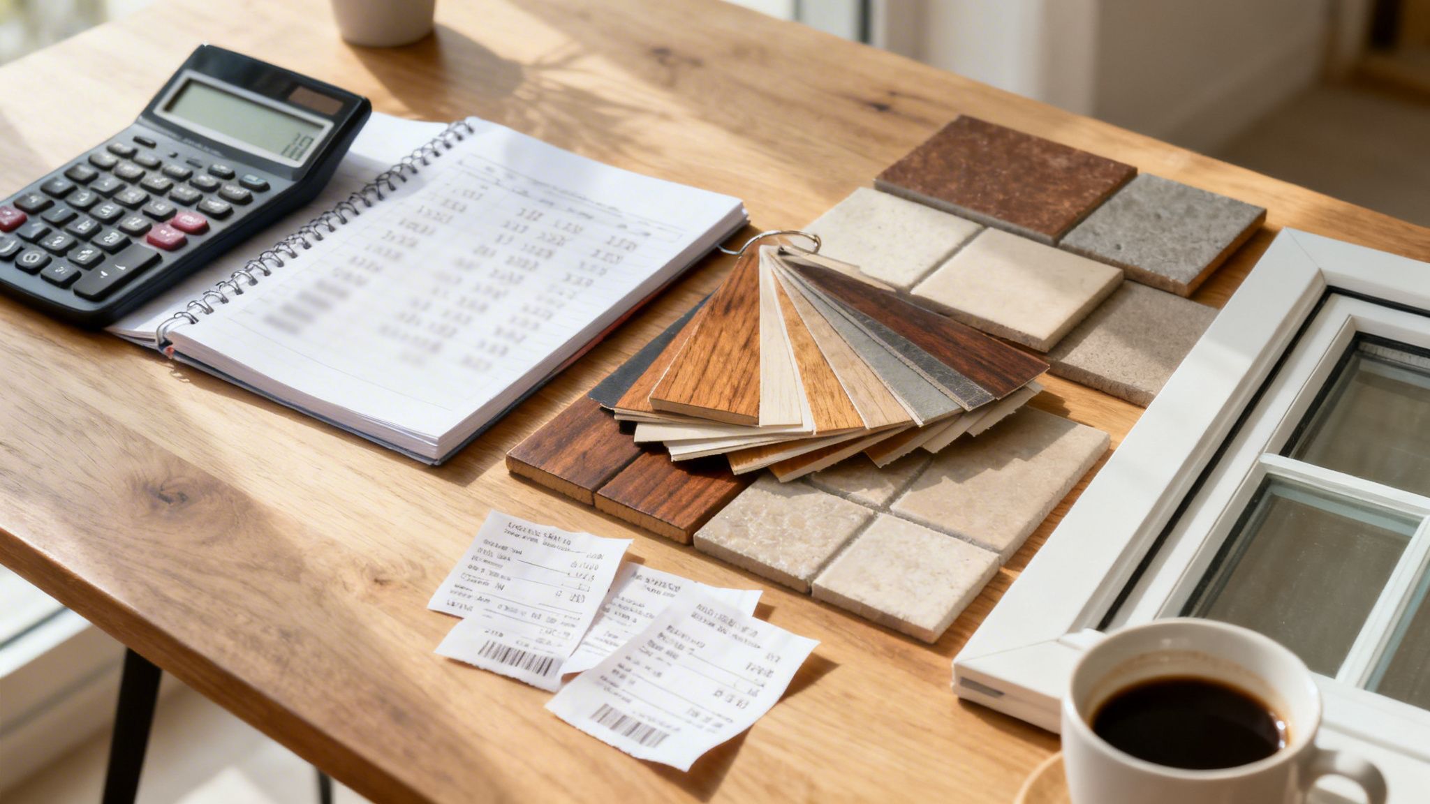 Bord med renoveringsmaterialer: træprøver, fliser, en lommeregner, notesbog og vinduesramme. Ideel til boligforbedring.