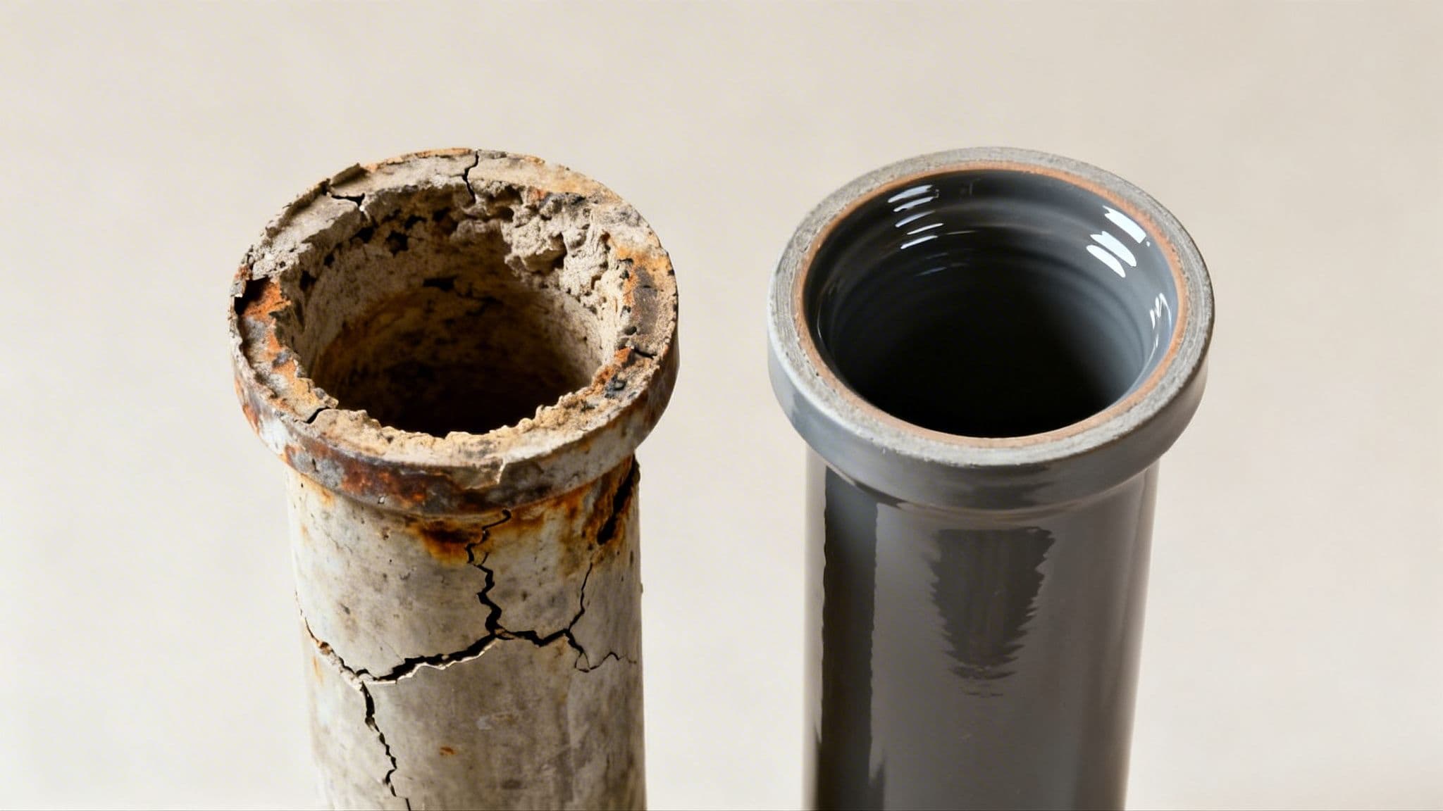 Et billede, der viser en gammel, rusten faldstamme og en ny, ren grå faldstamme side om side.