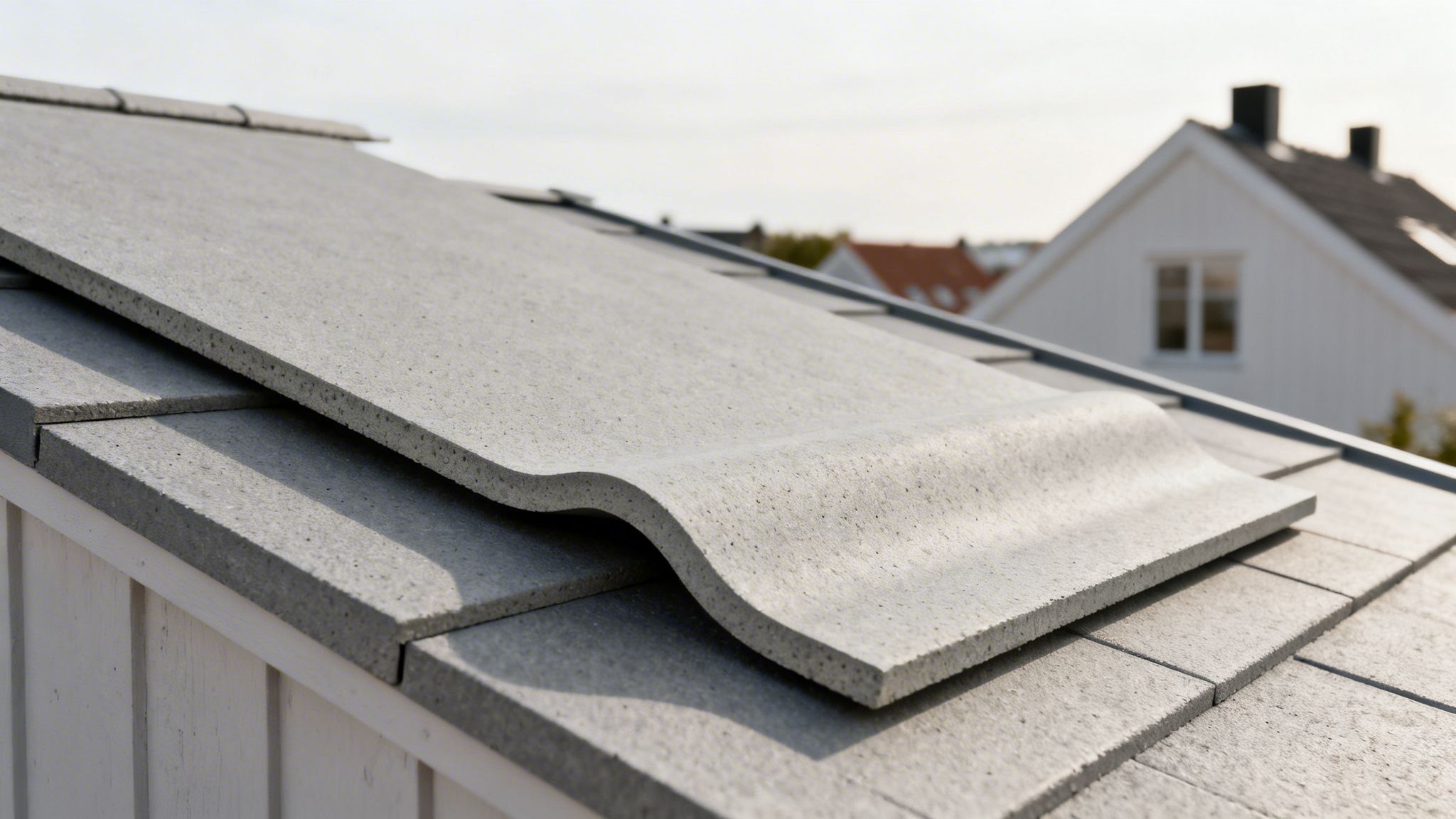 Nærbillede af grå, porøse tagplader på et hustag, hvor én plade viser sin bølgeform.
