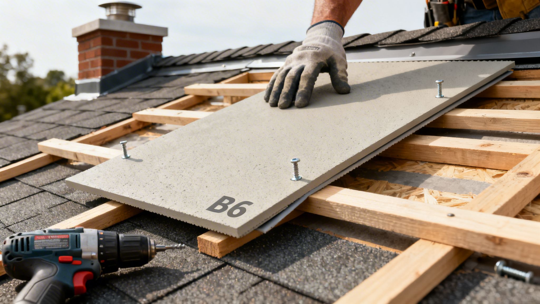 En håndværker monterer grå B6 tagplader på et tag, med en boremaskine i nærheden.