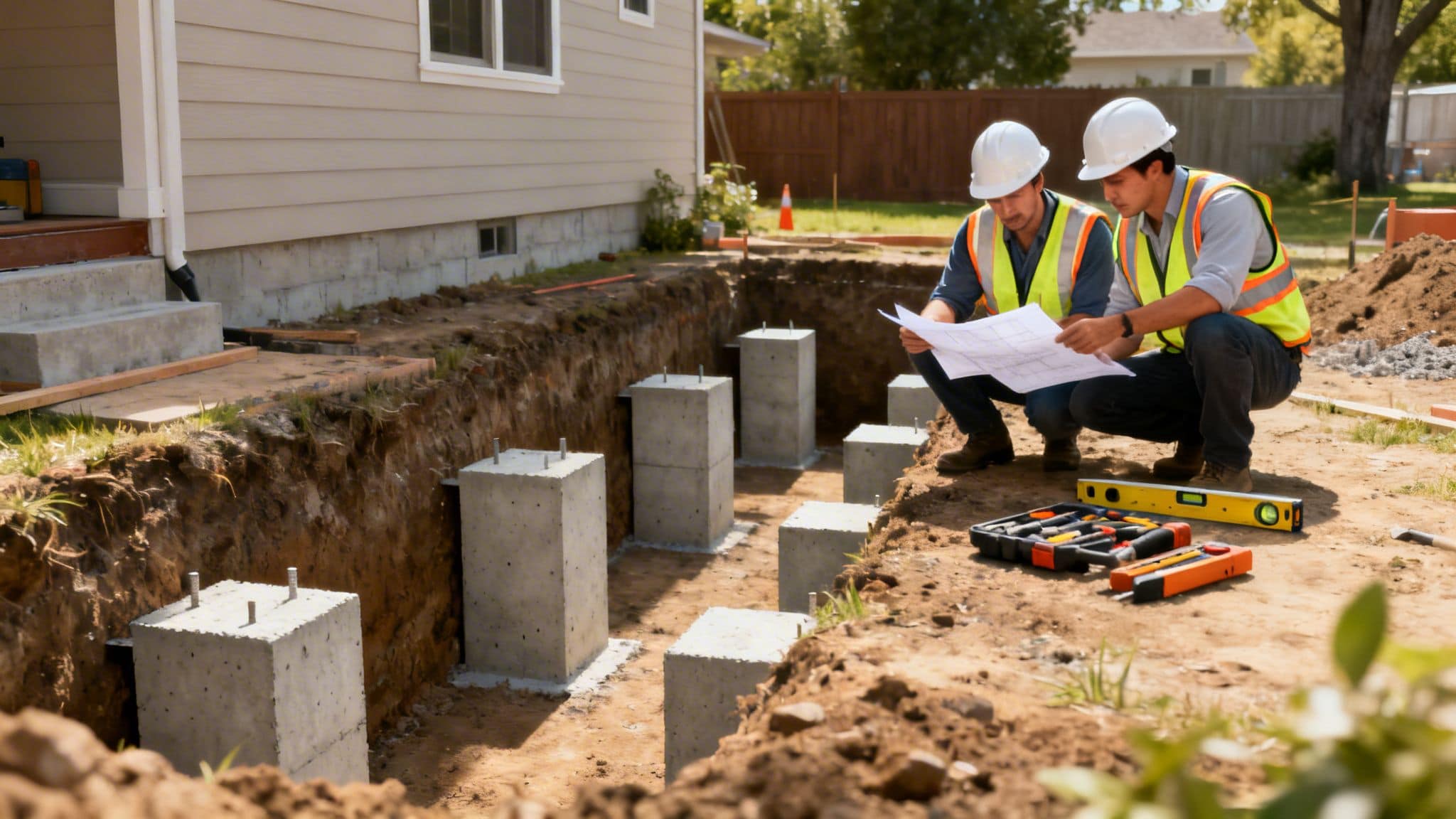 To bygningsarbejdere inspicerer fundamentet til et hus under opførelse.
