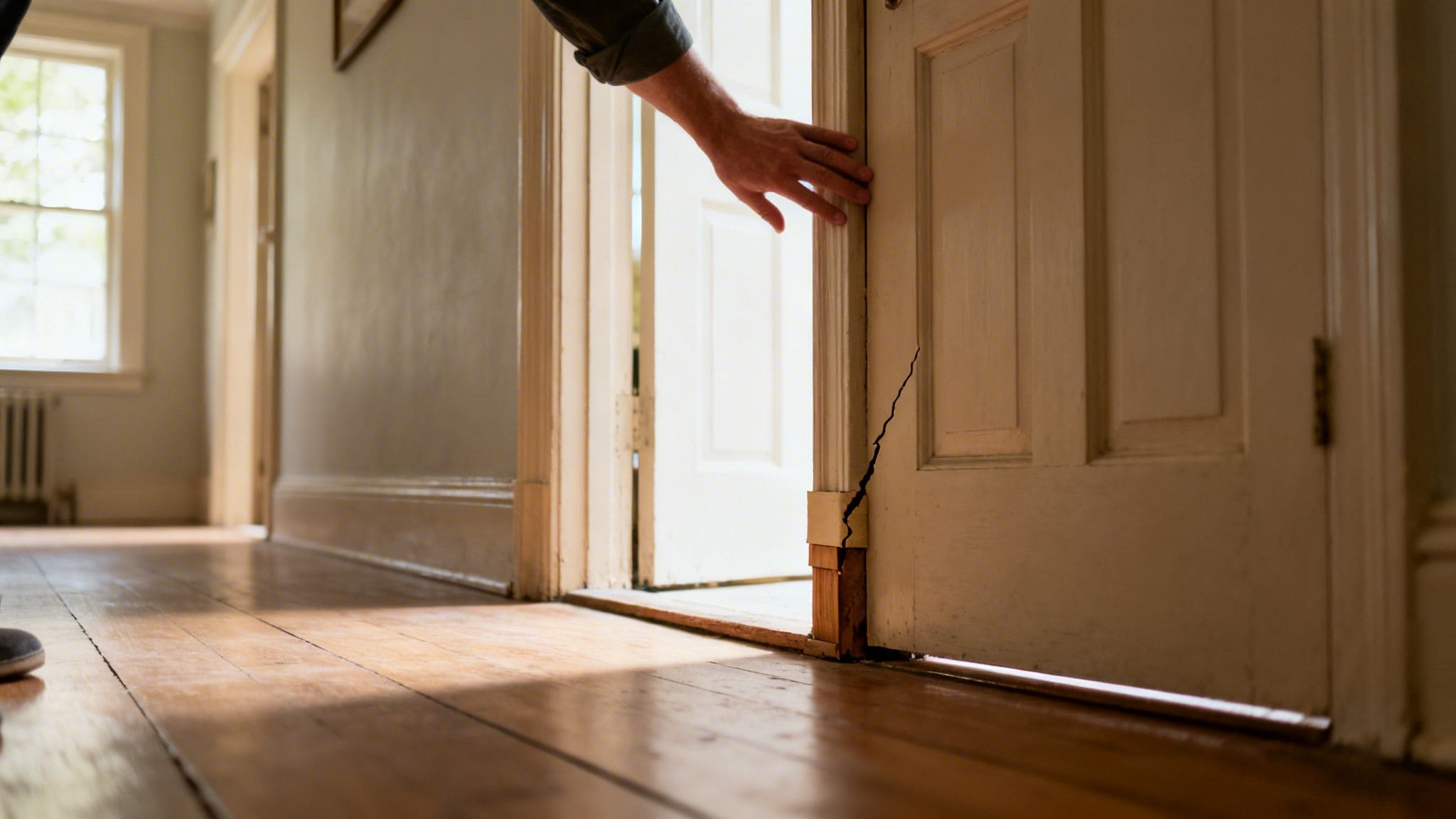 Person reparerer sætning i ældre trædør i et gammelt hus.