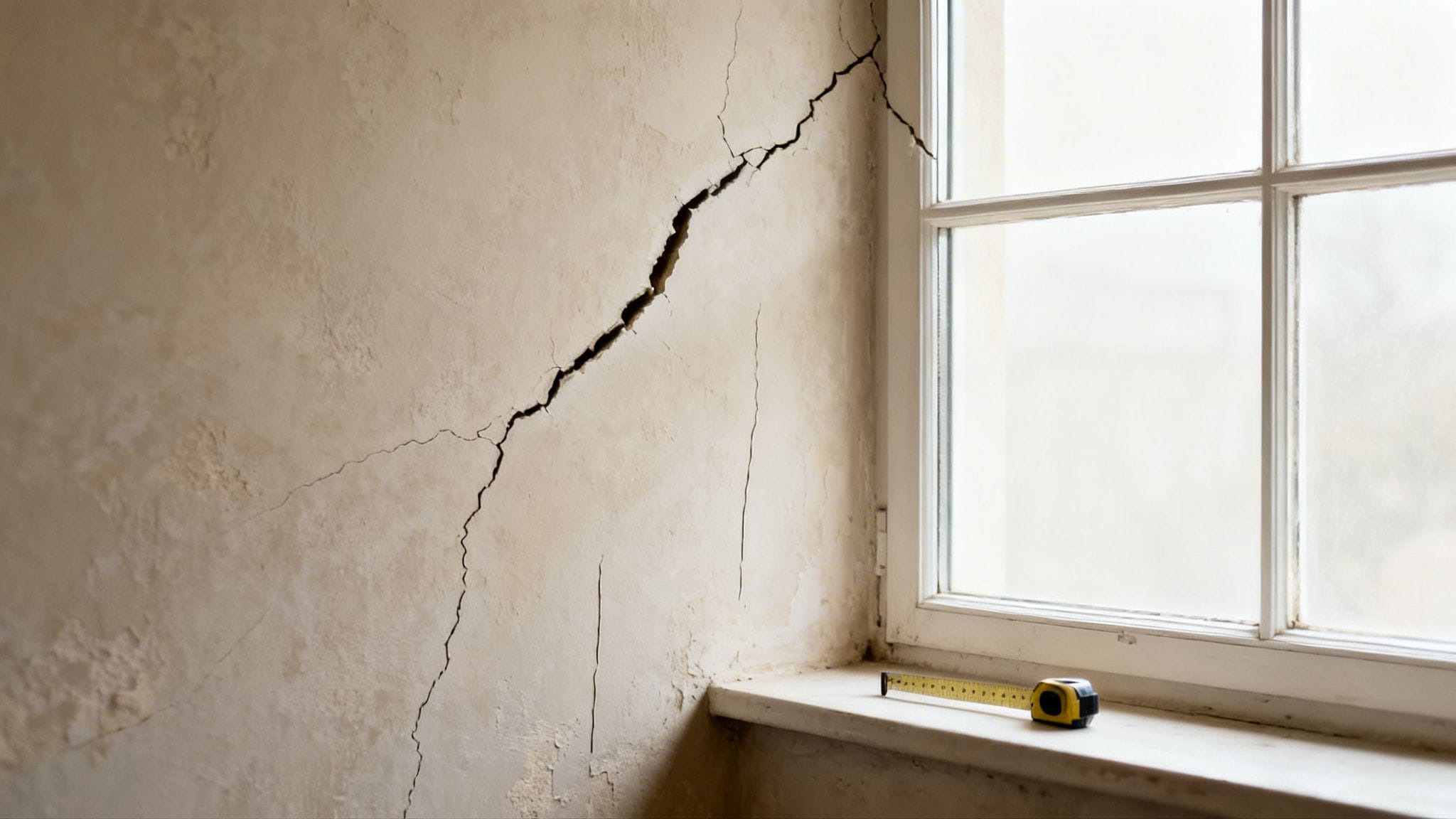 Rygende væg med synlige revner i et gammelt hus.