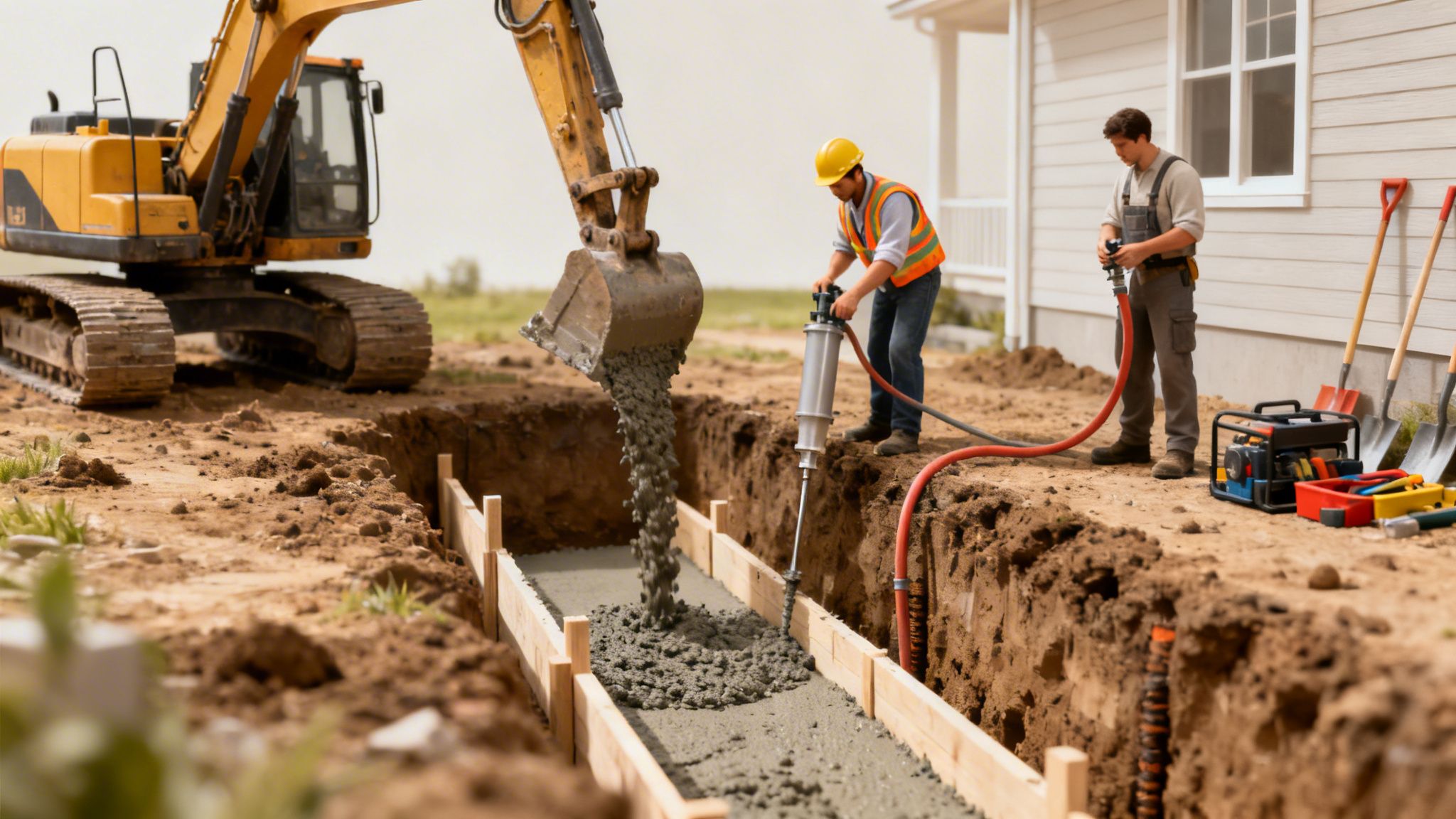 Gravemaskine hælder beton i en grøft til fundament, mens to arbejdere assisterer på byggepladsen.